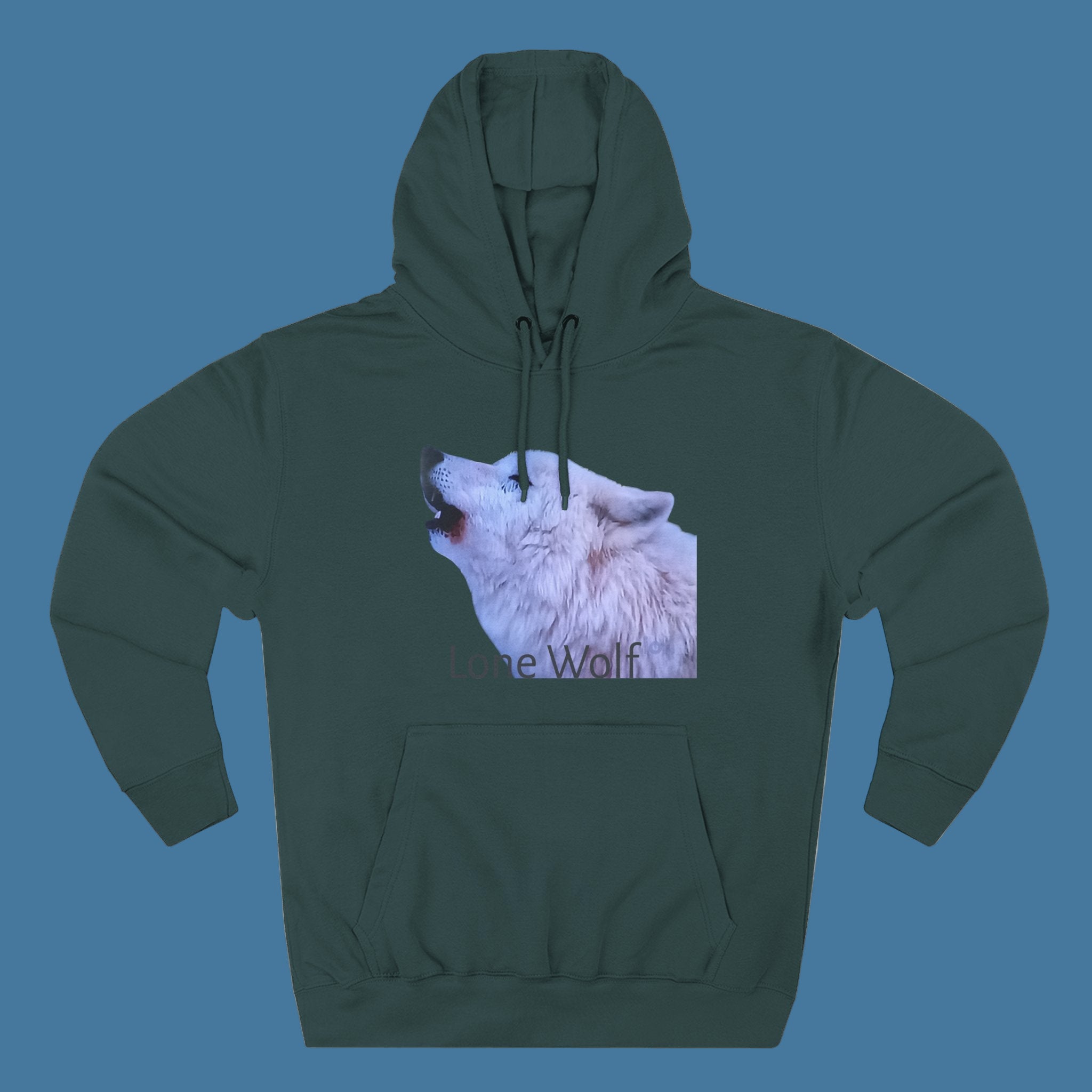 Green hoodie with a wolf graphic on a blue  background