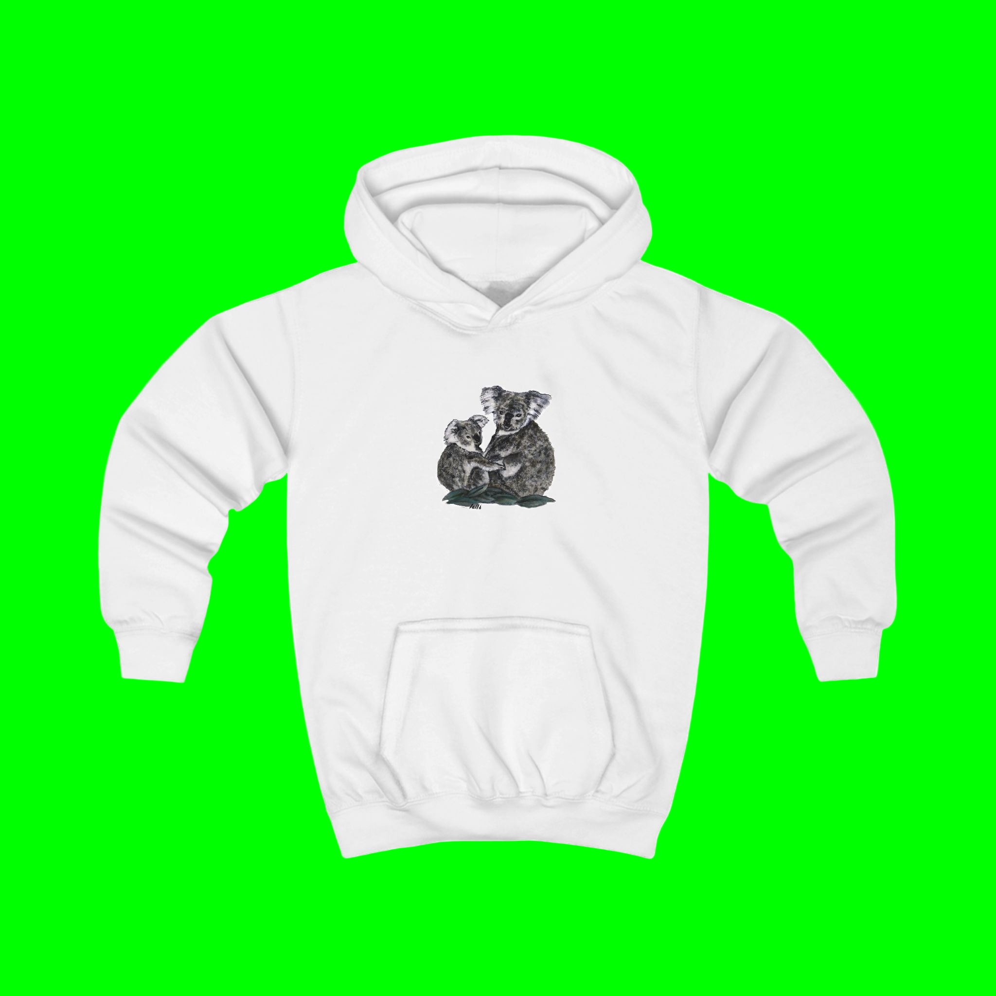 White hoodie with a black and white graphic of a koala on a white background
