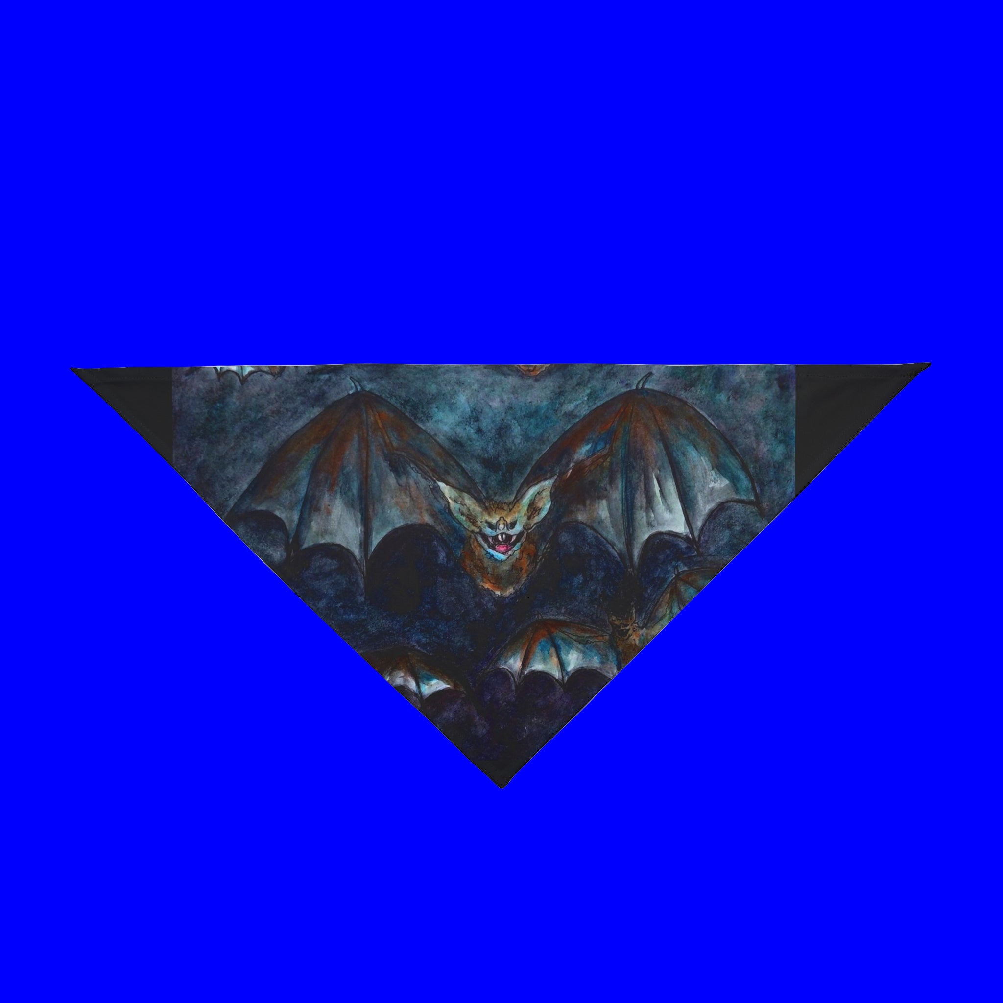 Bat-themed triangle bandana with a dark blue and black design on a blue background