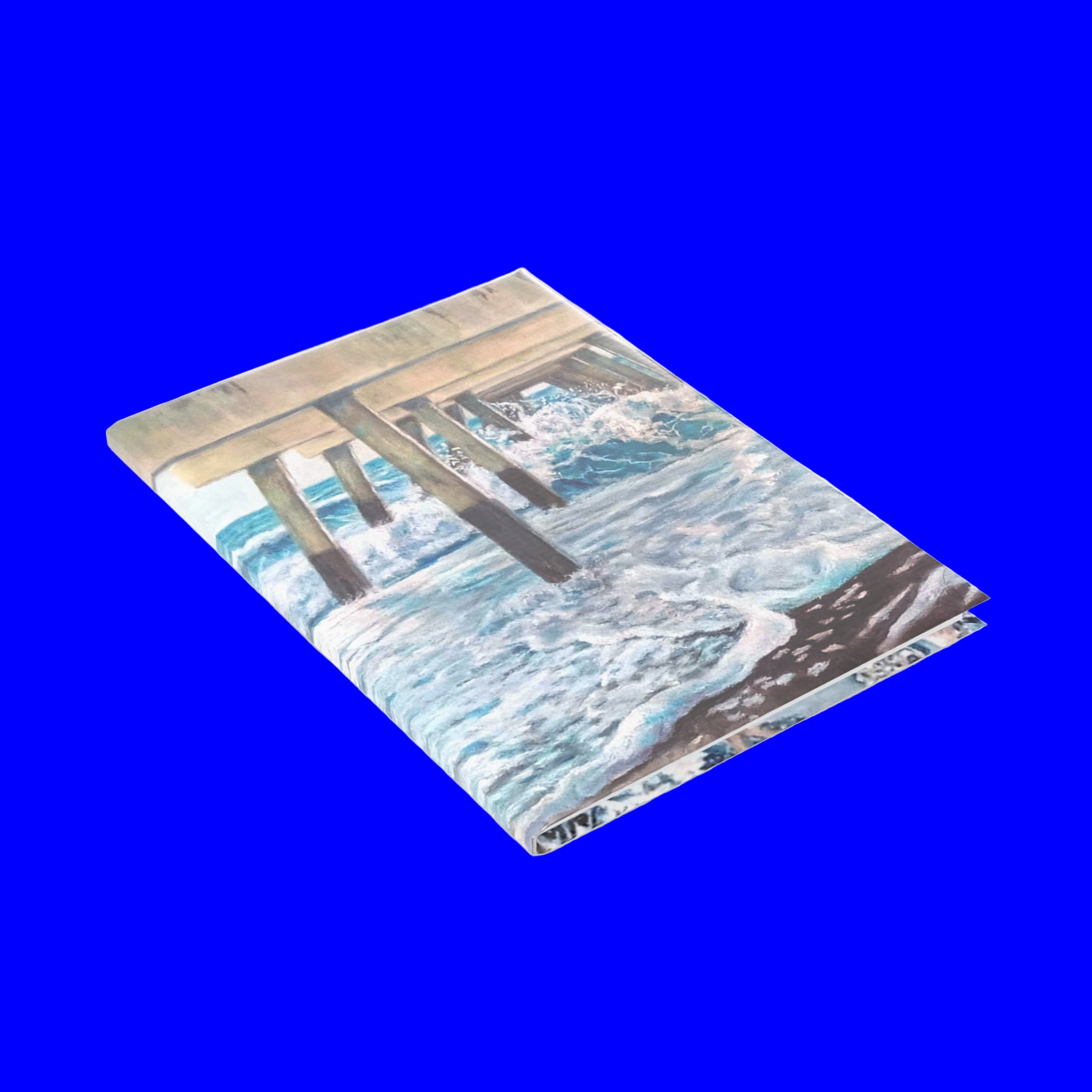 Hard Cover Journal with a design of a dock and water on a blue background