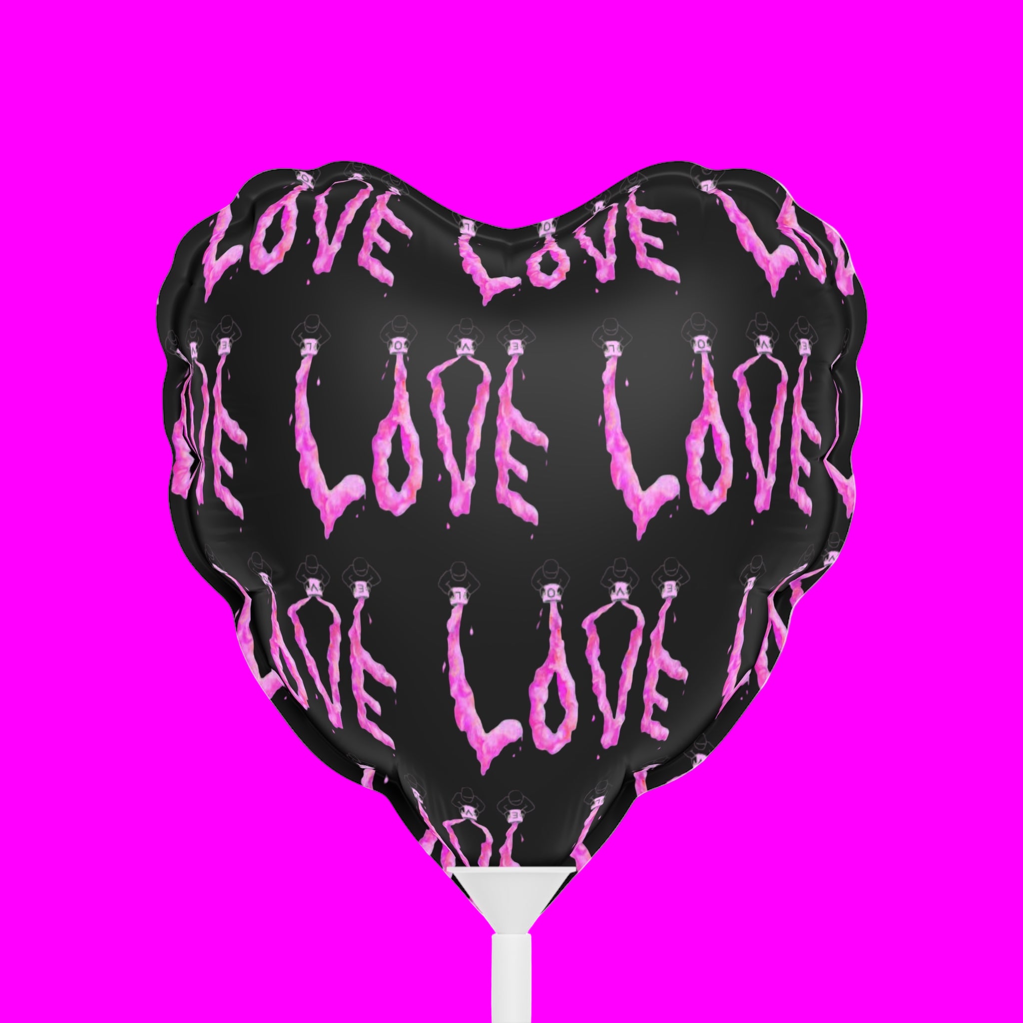 Heart-shaped balloon with pink 'LOVE' text on a black background