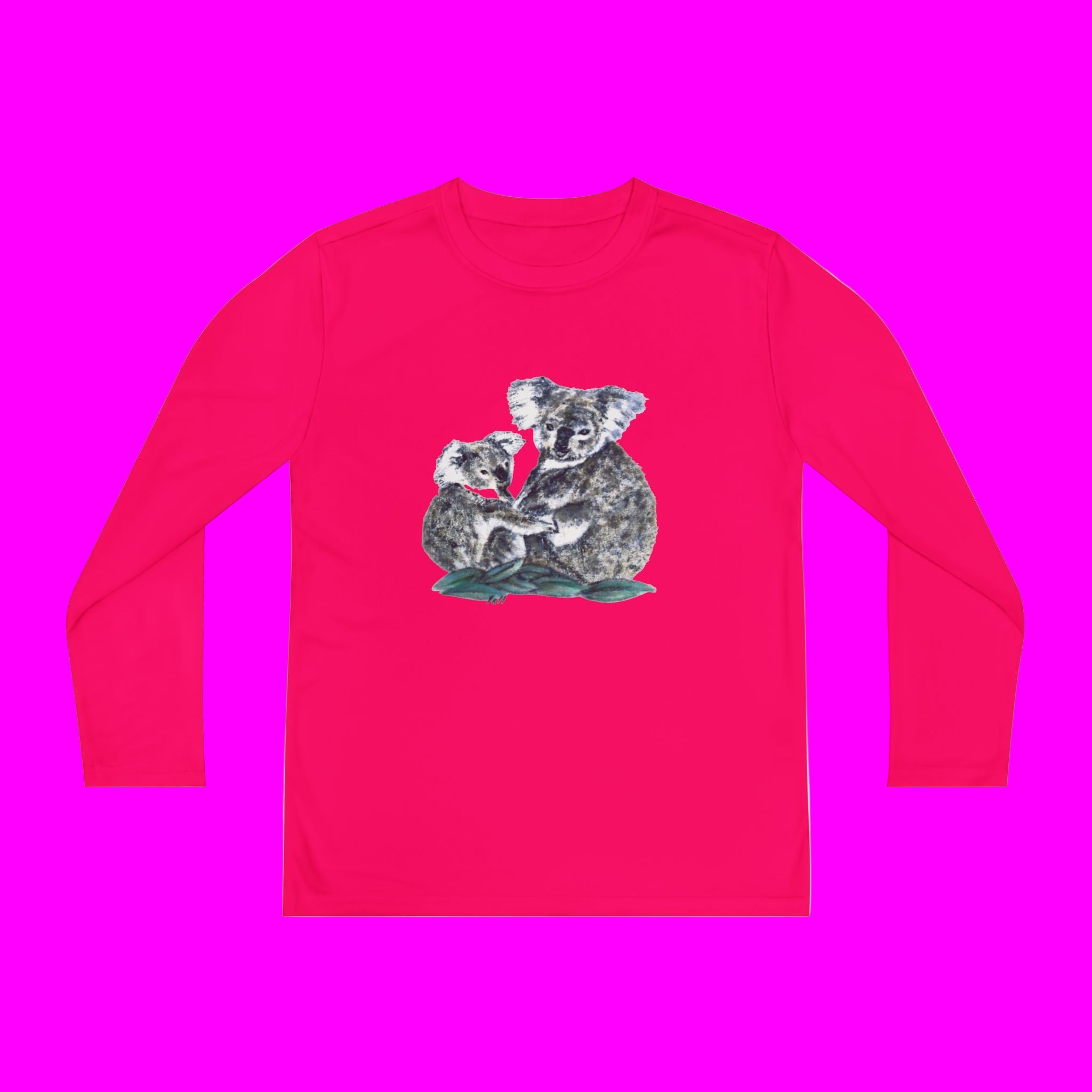 Pink long-sleeve shirt with koala design on a pink  background