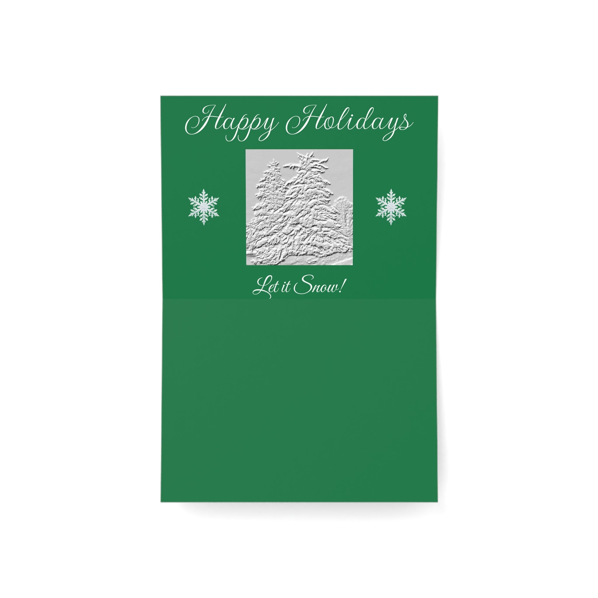 Green greeting card with 'Happy Holidays' and 'Let it Snow!' text on a white background