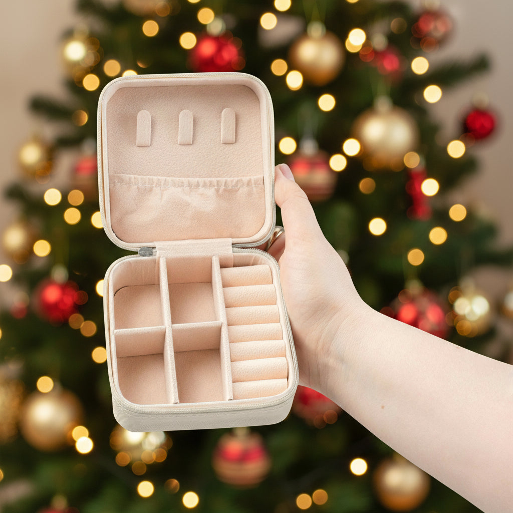 Opened jewelry case held in front of a Christmas Tree