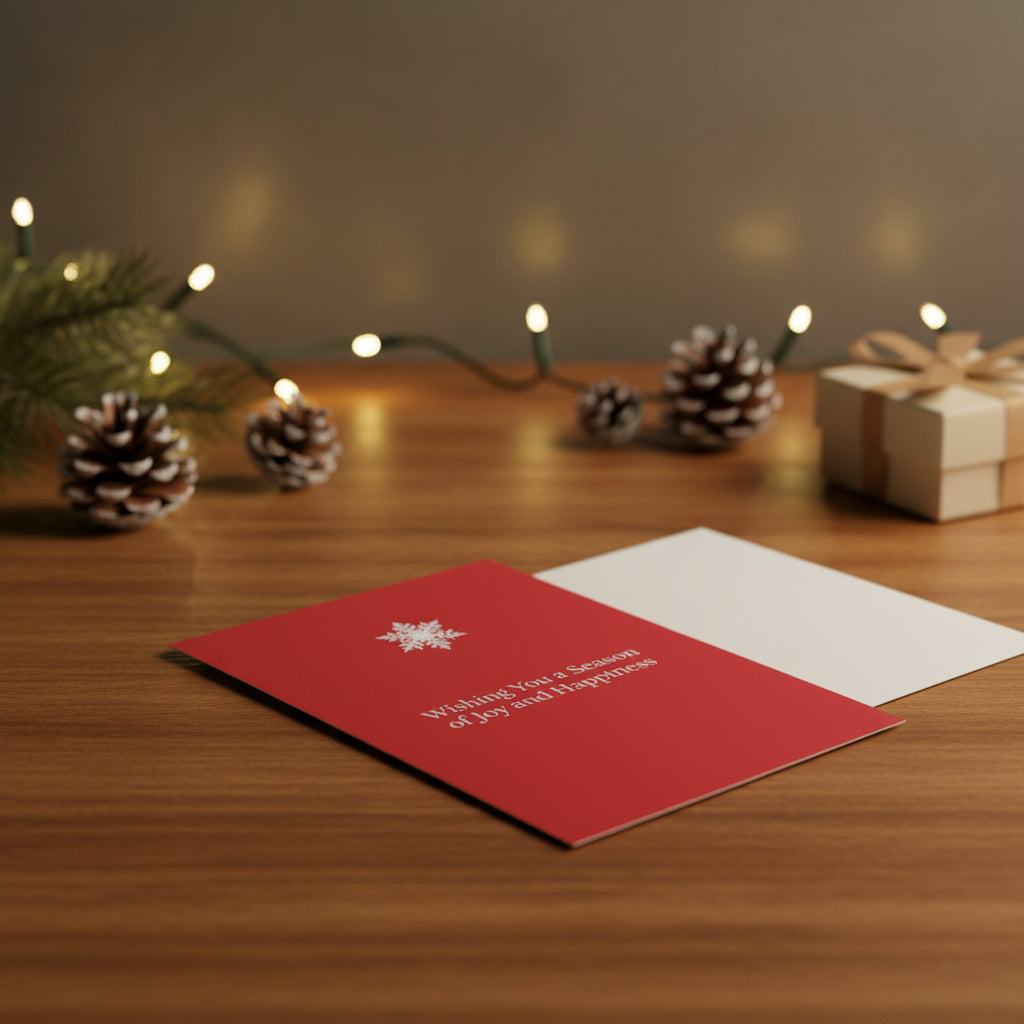 Red card interior with a white snowflake and text on a white background
