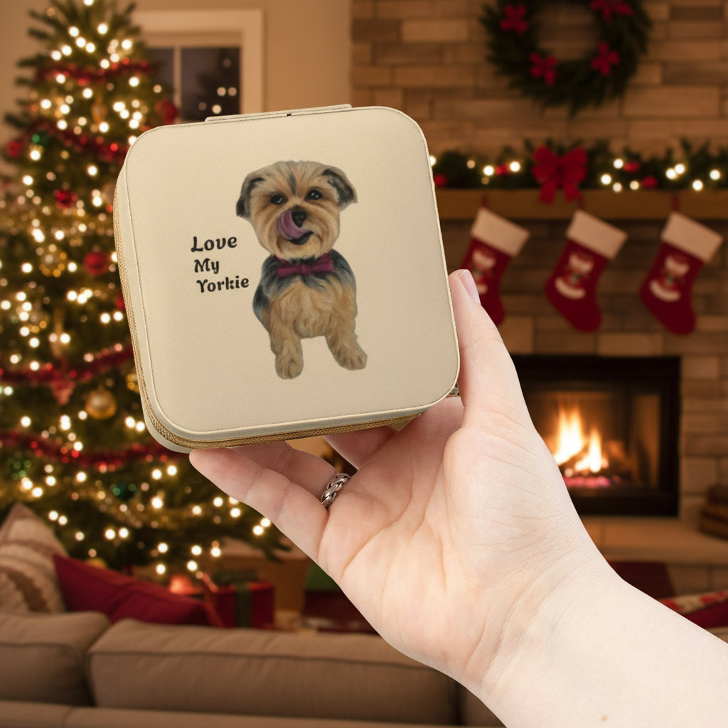 Ivory Jewelry Case with Yorkie held in front of a Christmas Tree