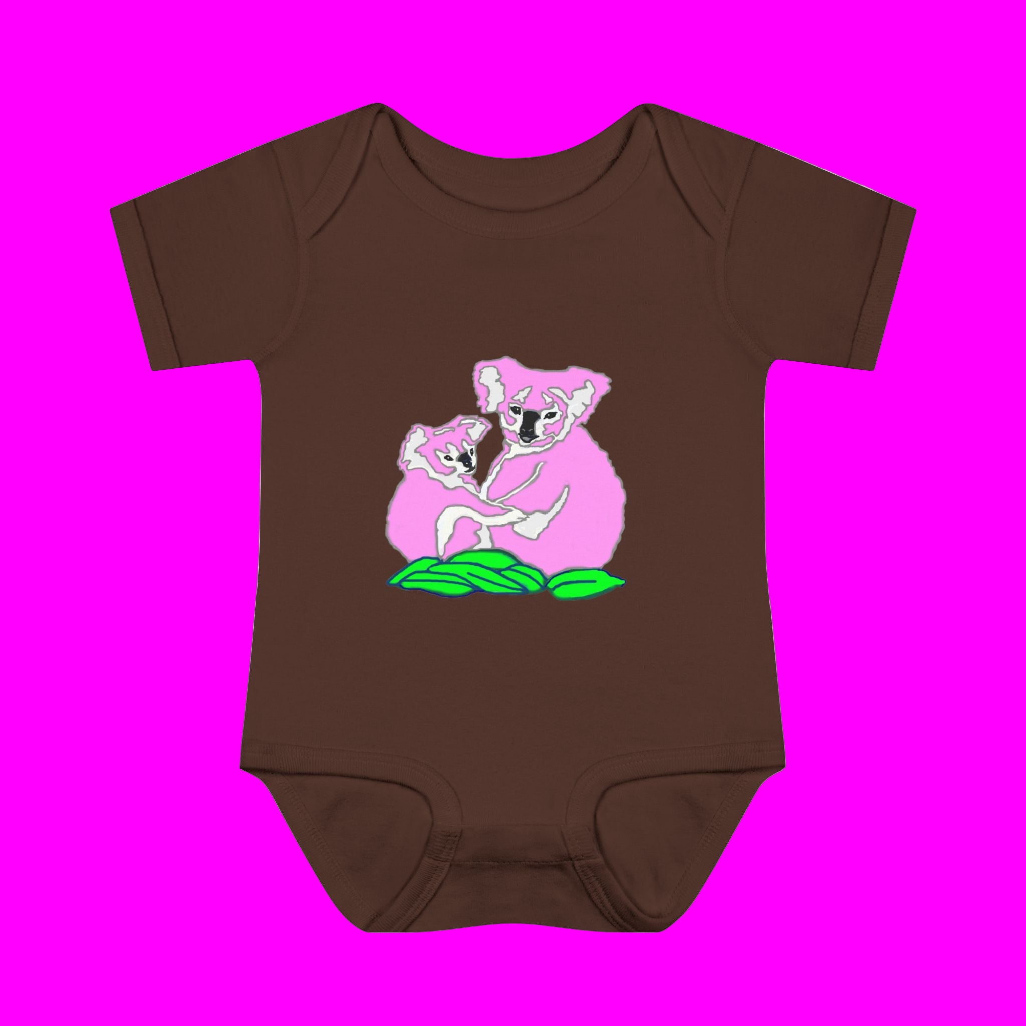 Brown baby onesie with pink koala design on a white background