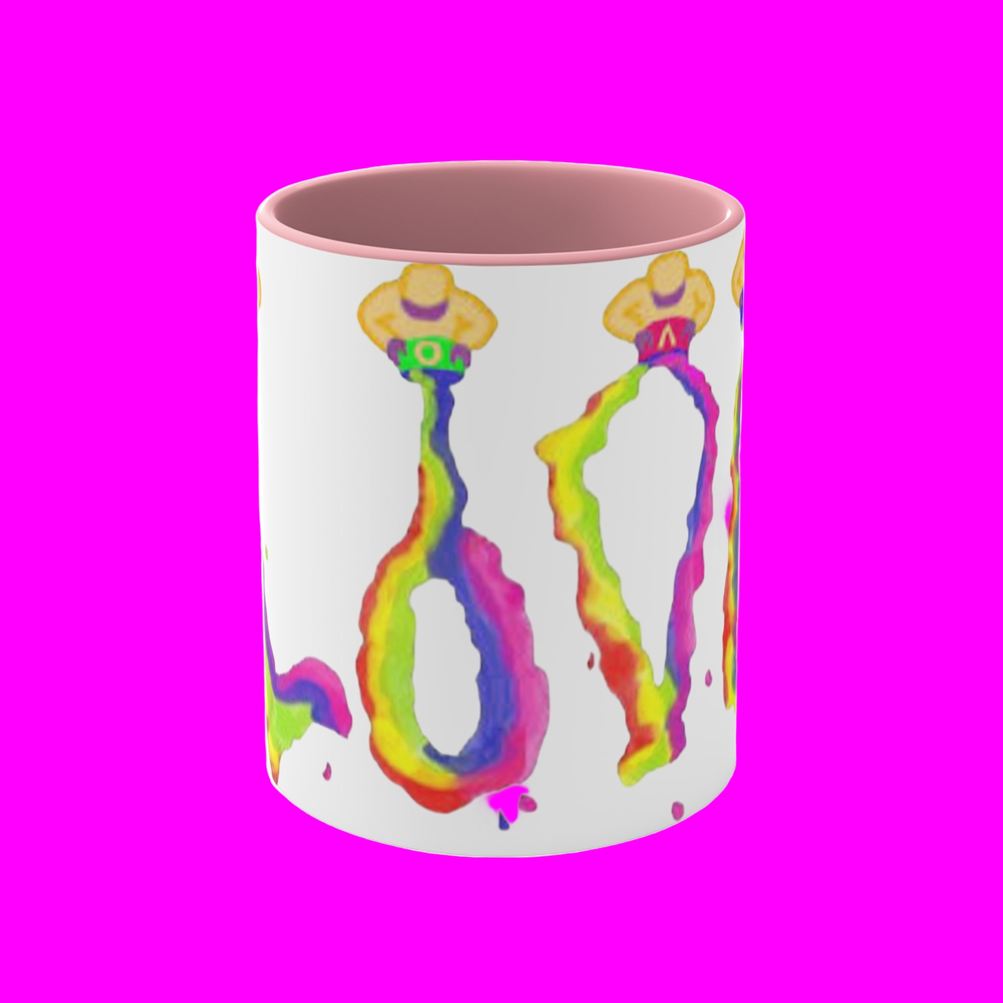 Mug with colorful abstract designs on a pink background