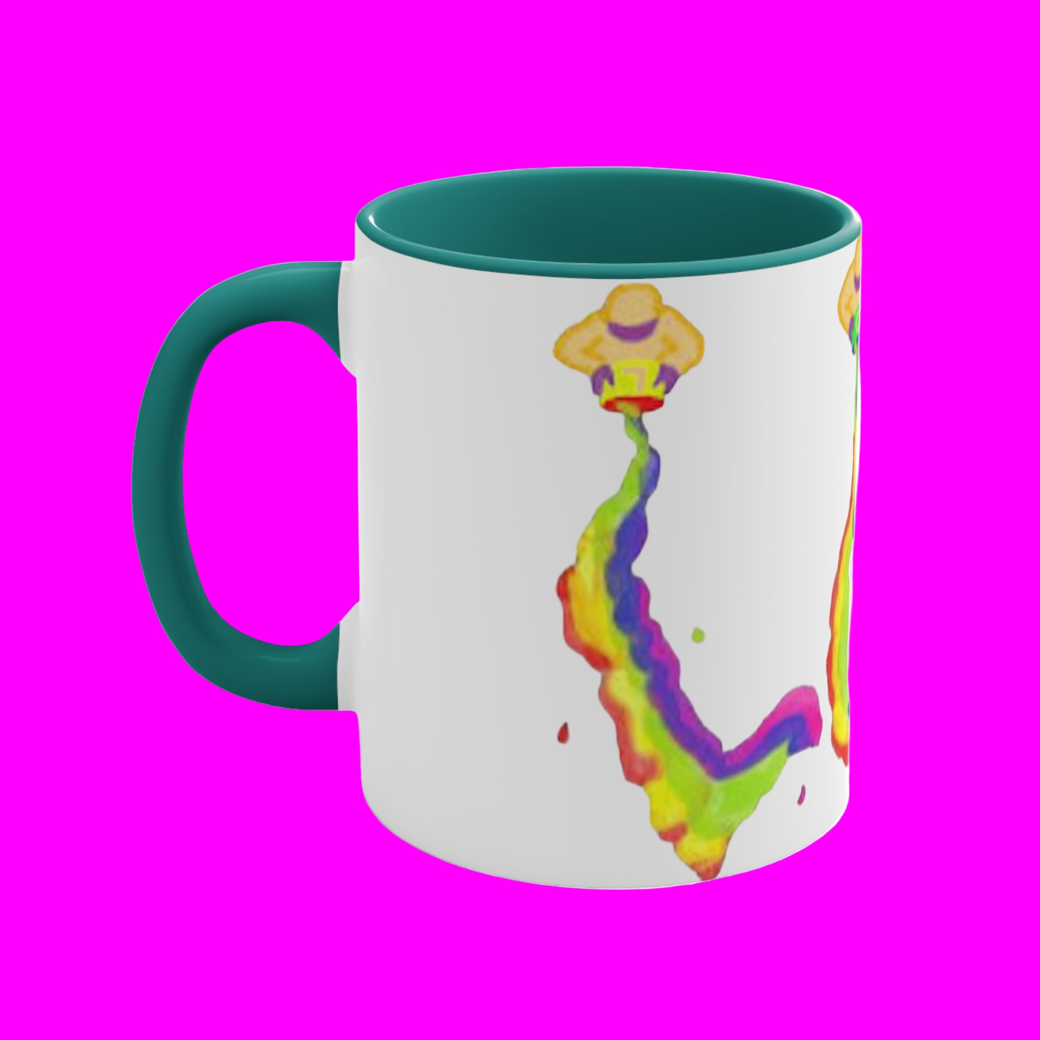 Mug with a colorful design on a pink background