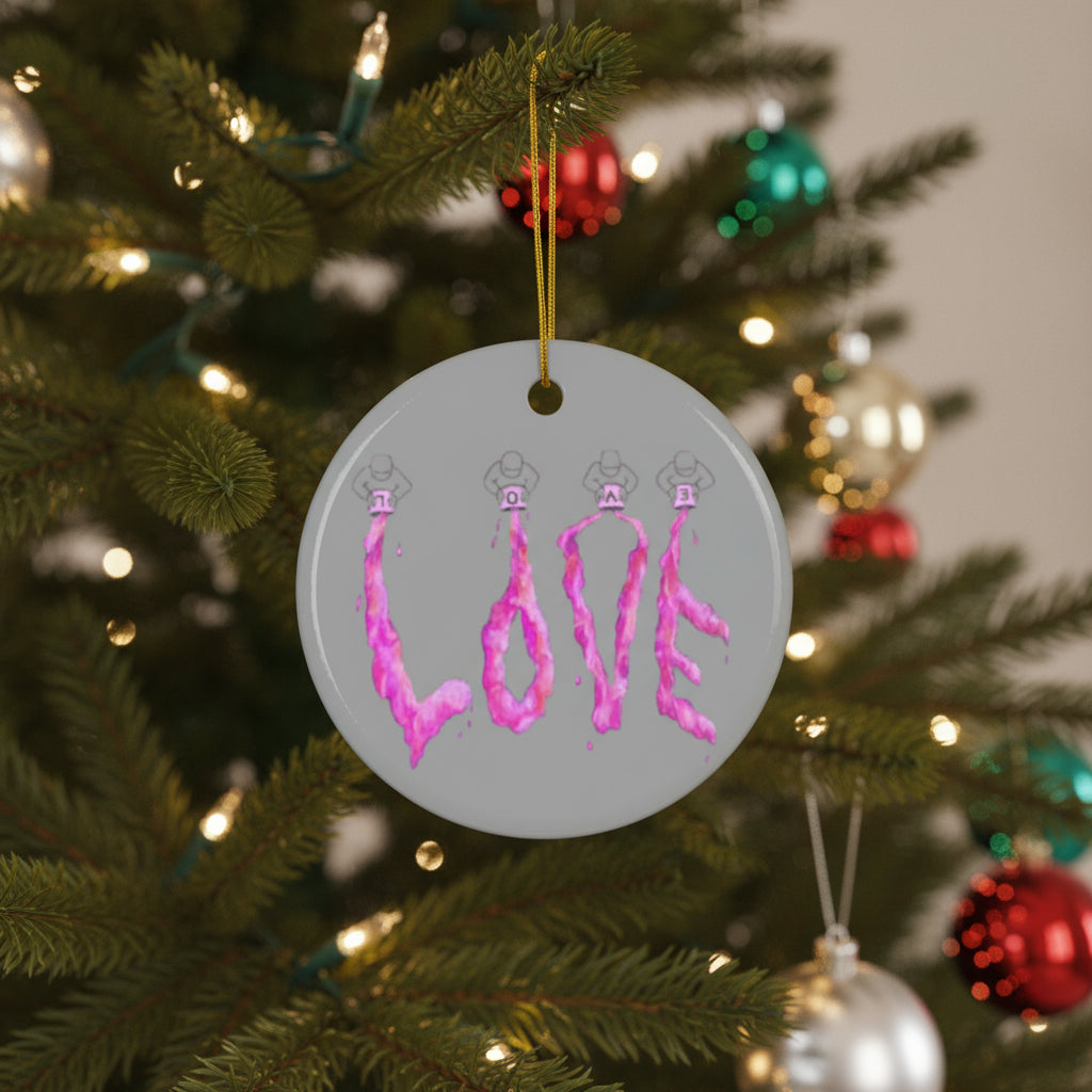 Decorative ornament with pink  'LOVE' text on a gray background