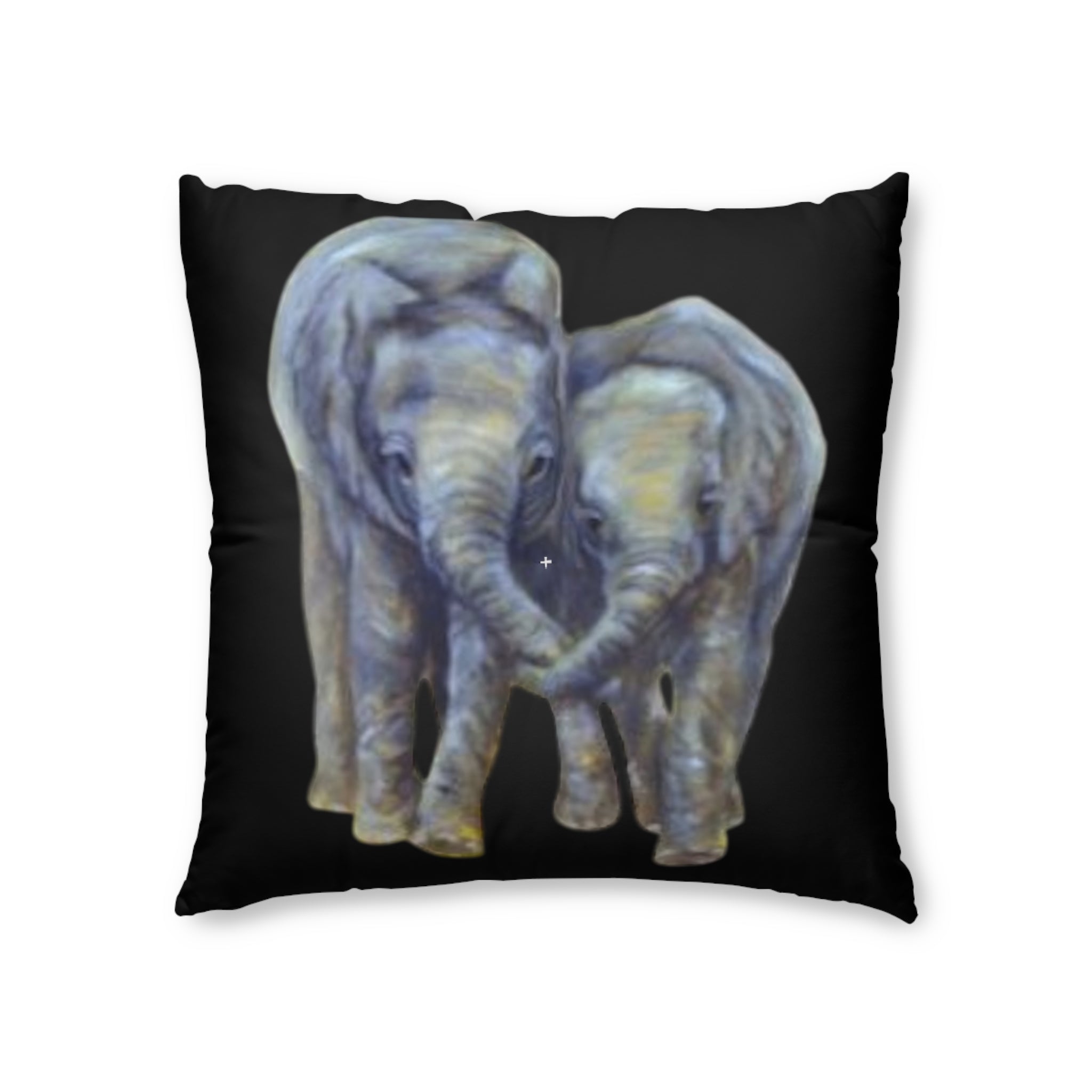 Decorative pillow with two elephants entwined on a white background
