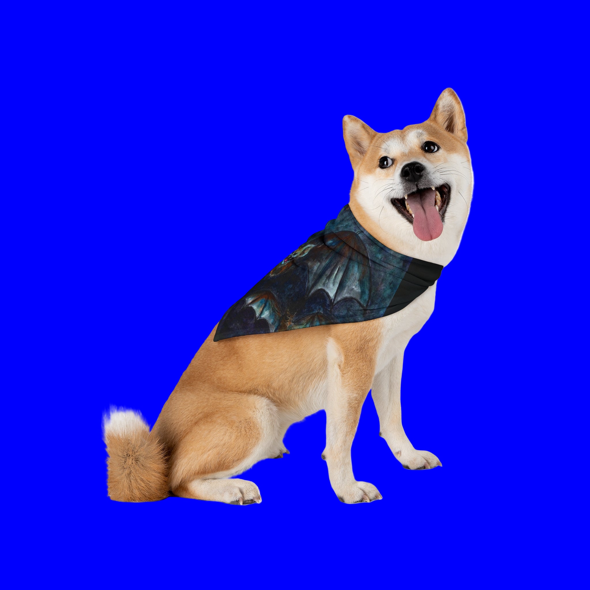 Dog wearing a dark blue patterned scarf on a blue background