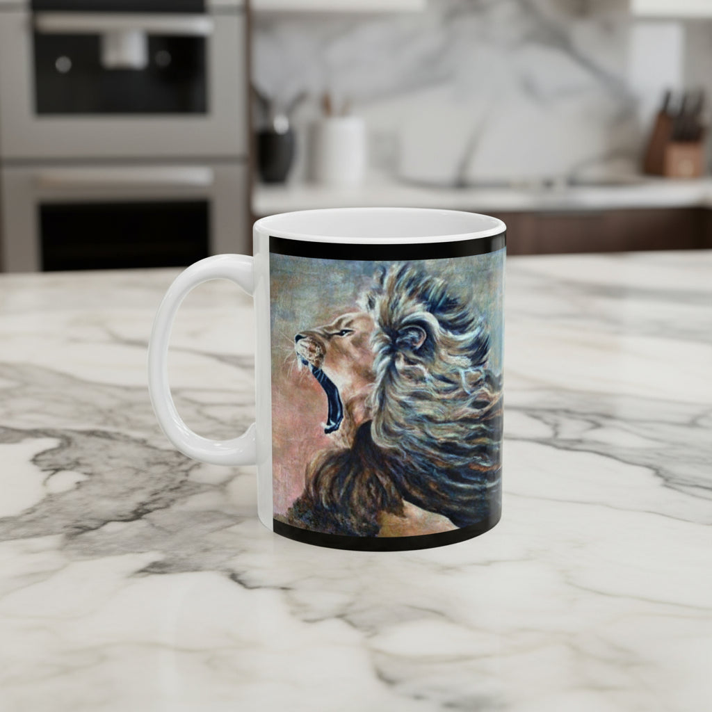 Mug with a lion design on a marble kitchen counter