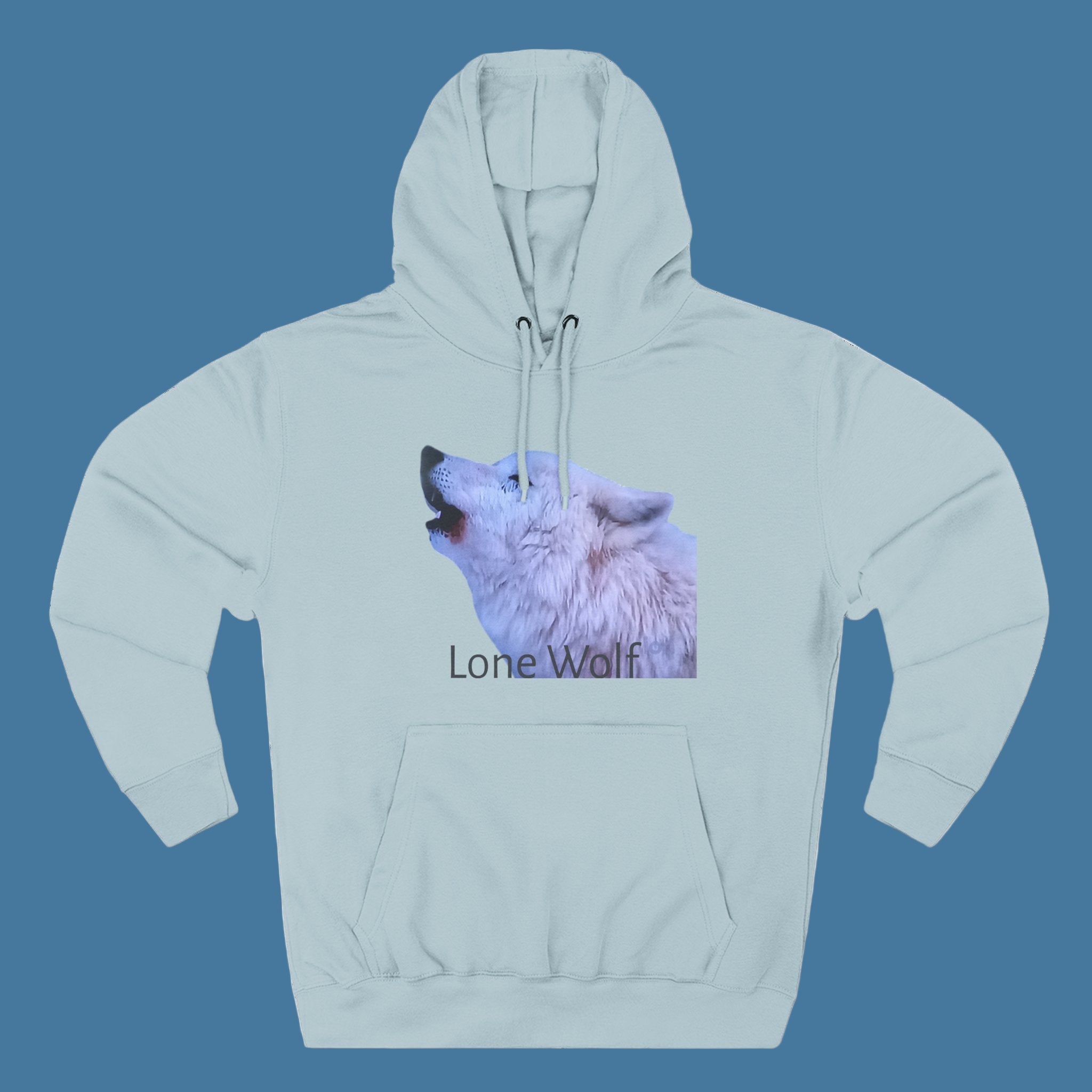 Light blue hoodie with a wolf graphic and 'Lone Wolf' text on a blue  background