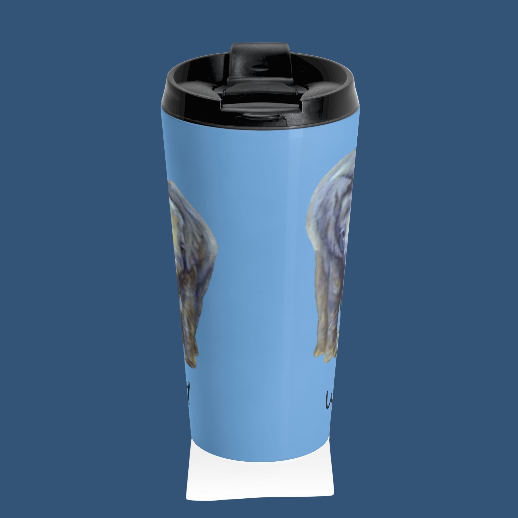 Travel mug with a blue background with Elephant painting