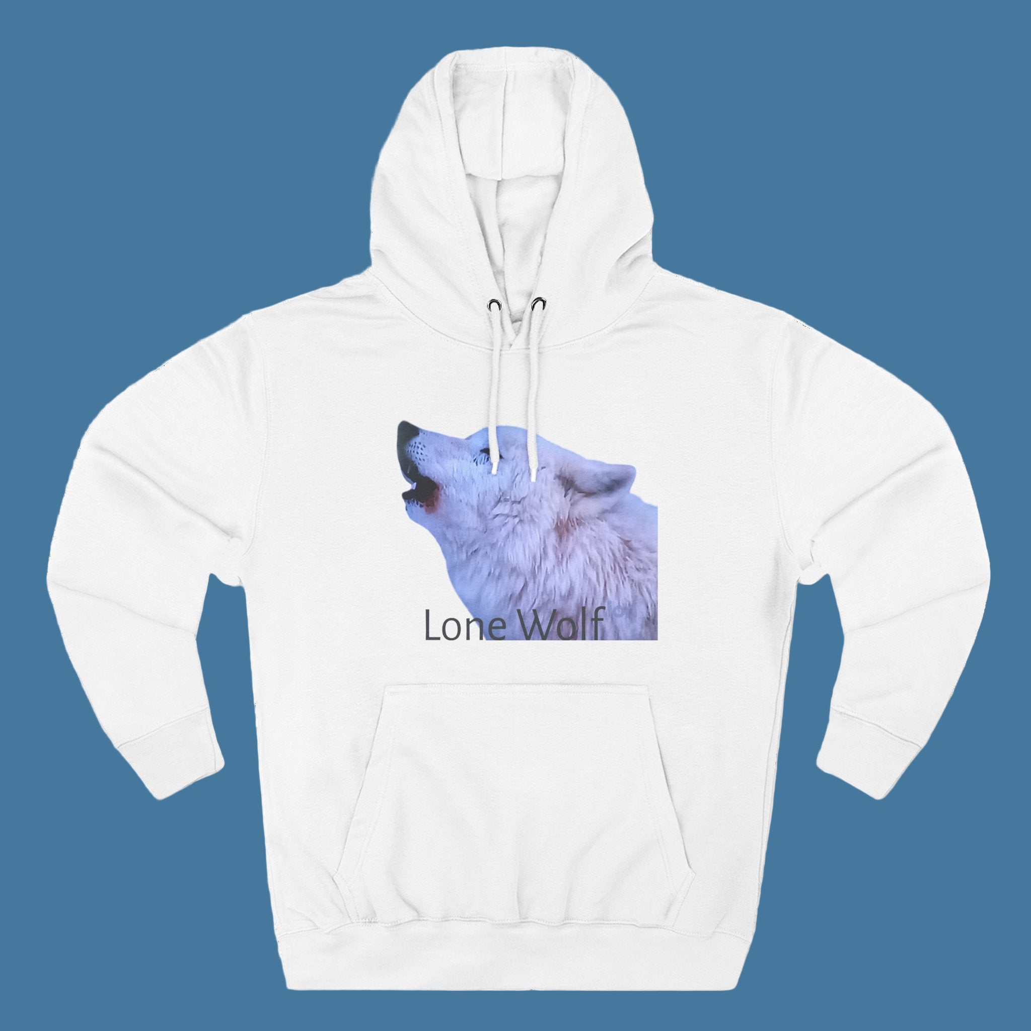 White hoodie with a wolf graphic and 'Lone Wolf' text on a blue background