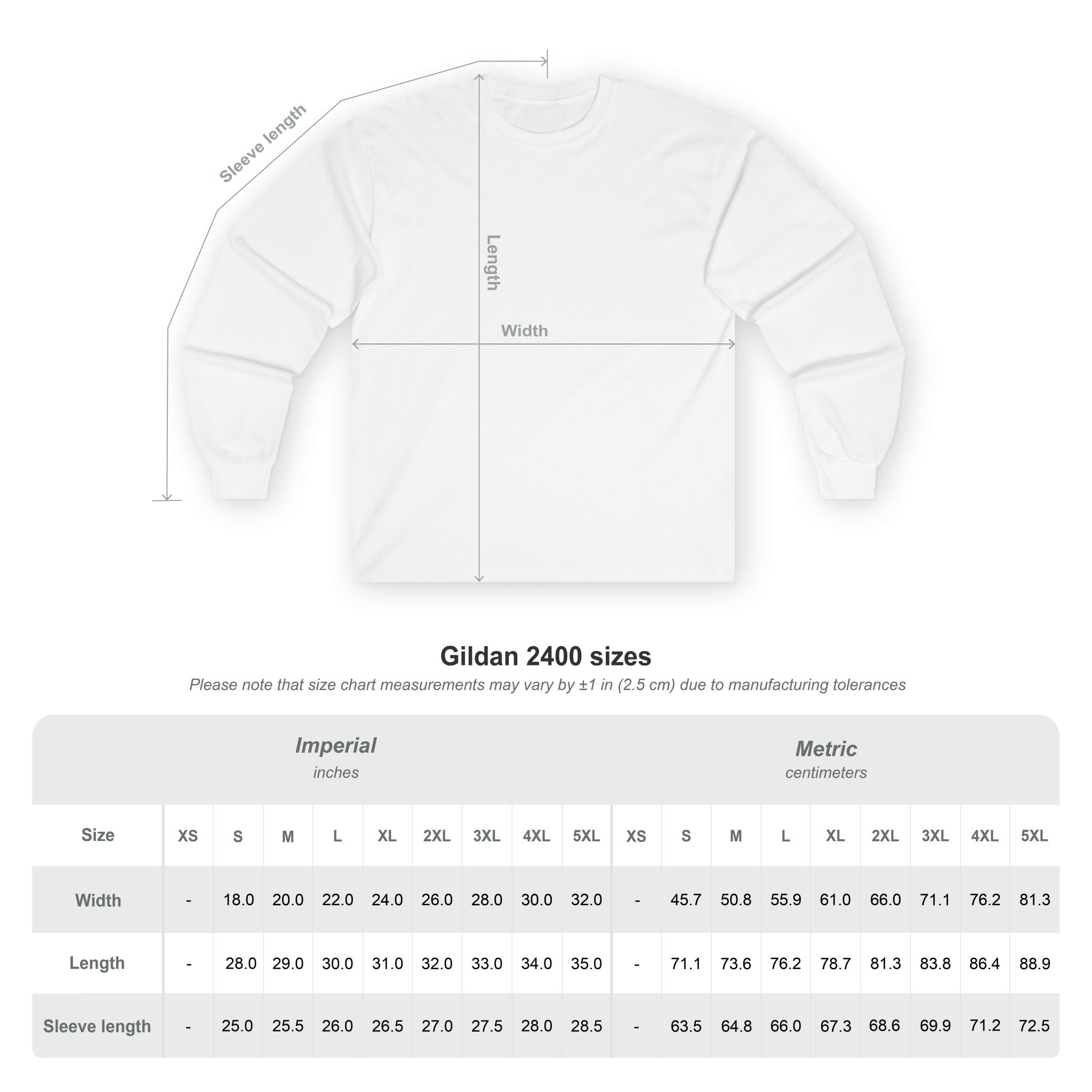 Gildan 2400 size chart for a white long sleeve T with measurements in inches and centimeters.