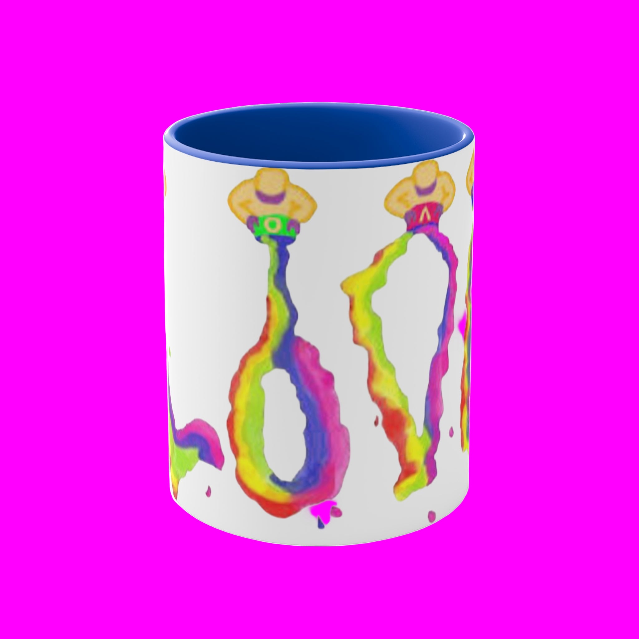 Mug with colorful abstract designs on a white background