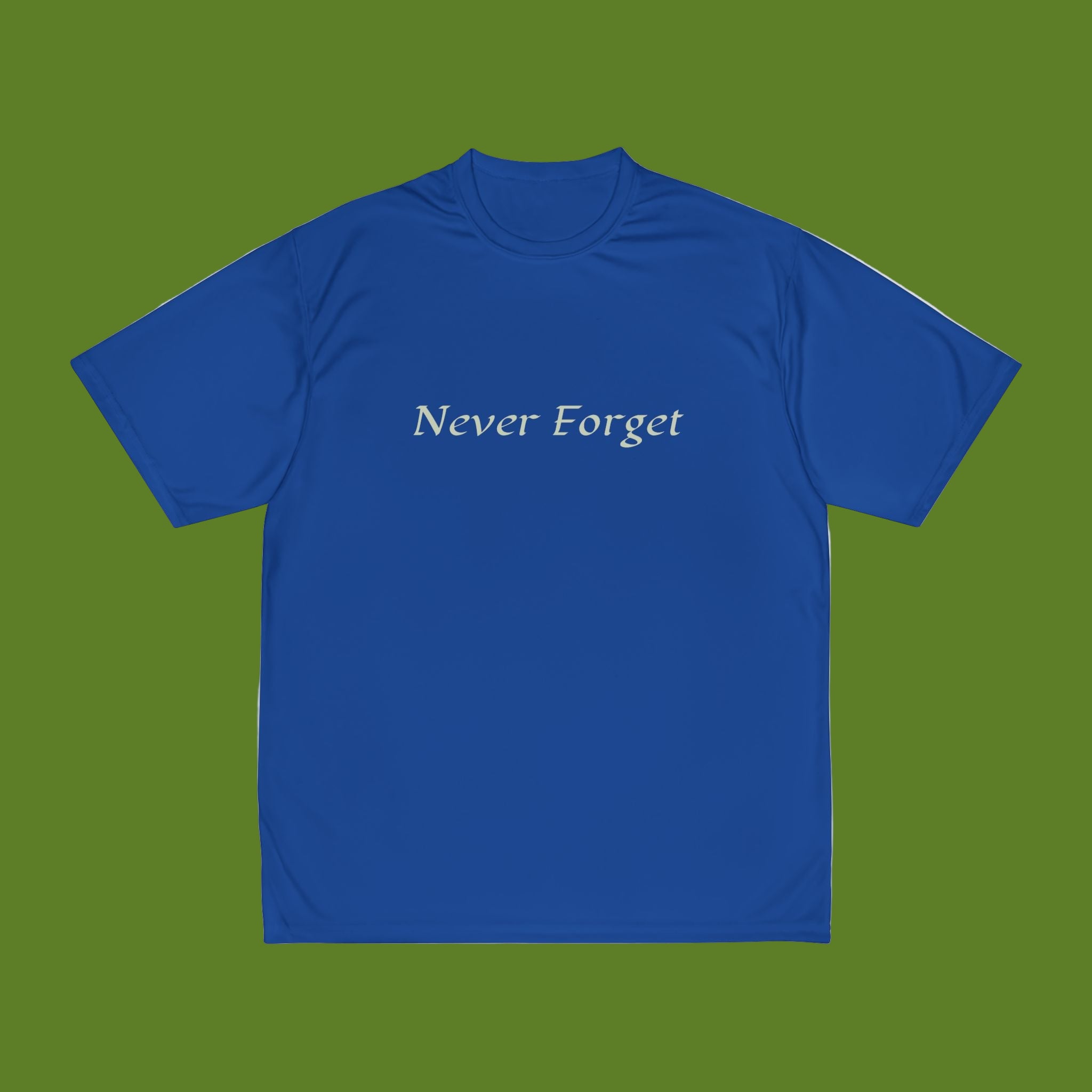Blue t-shirt with 'Never Forget' text on a green background