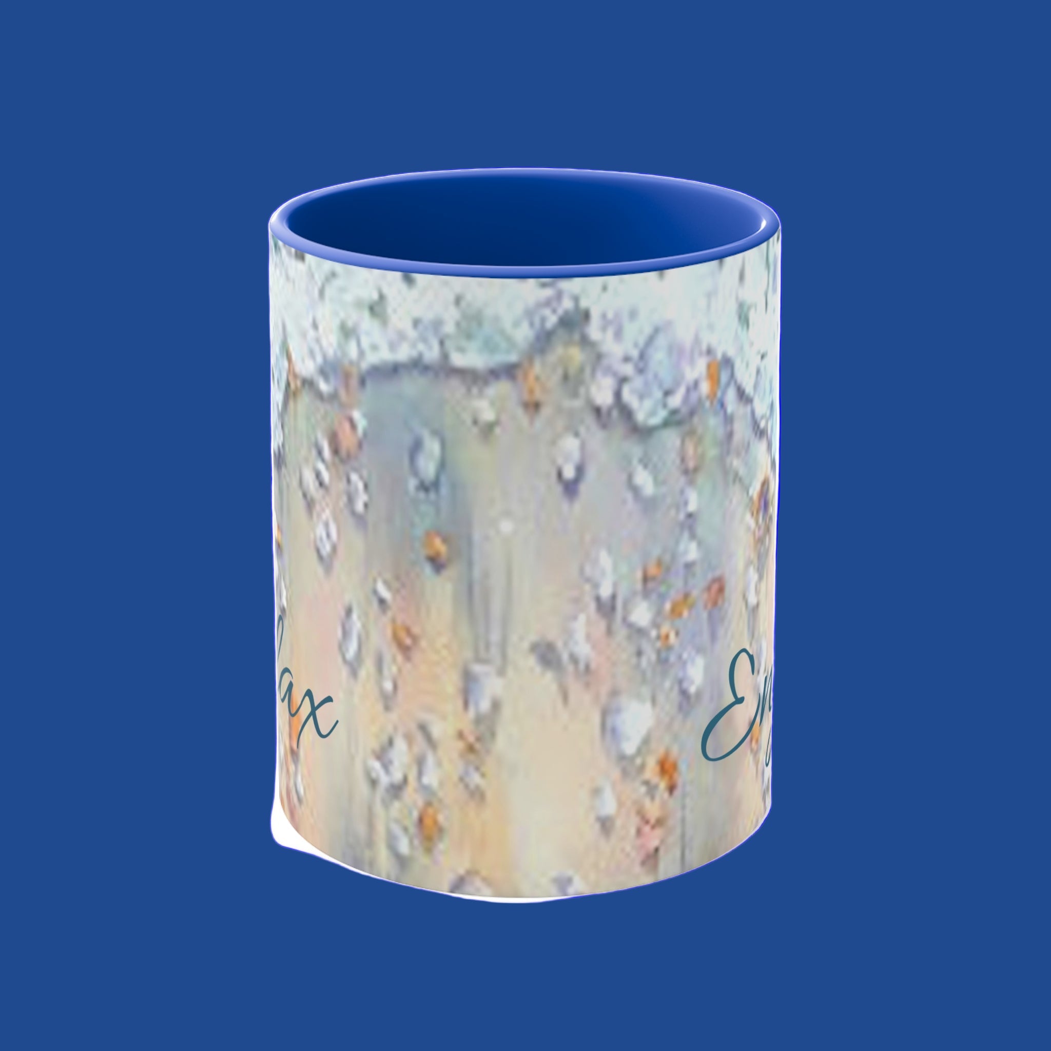 Mug with a scenic design and blue interior on a blue background