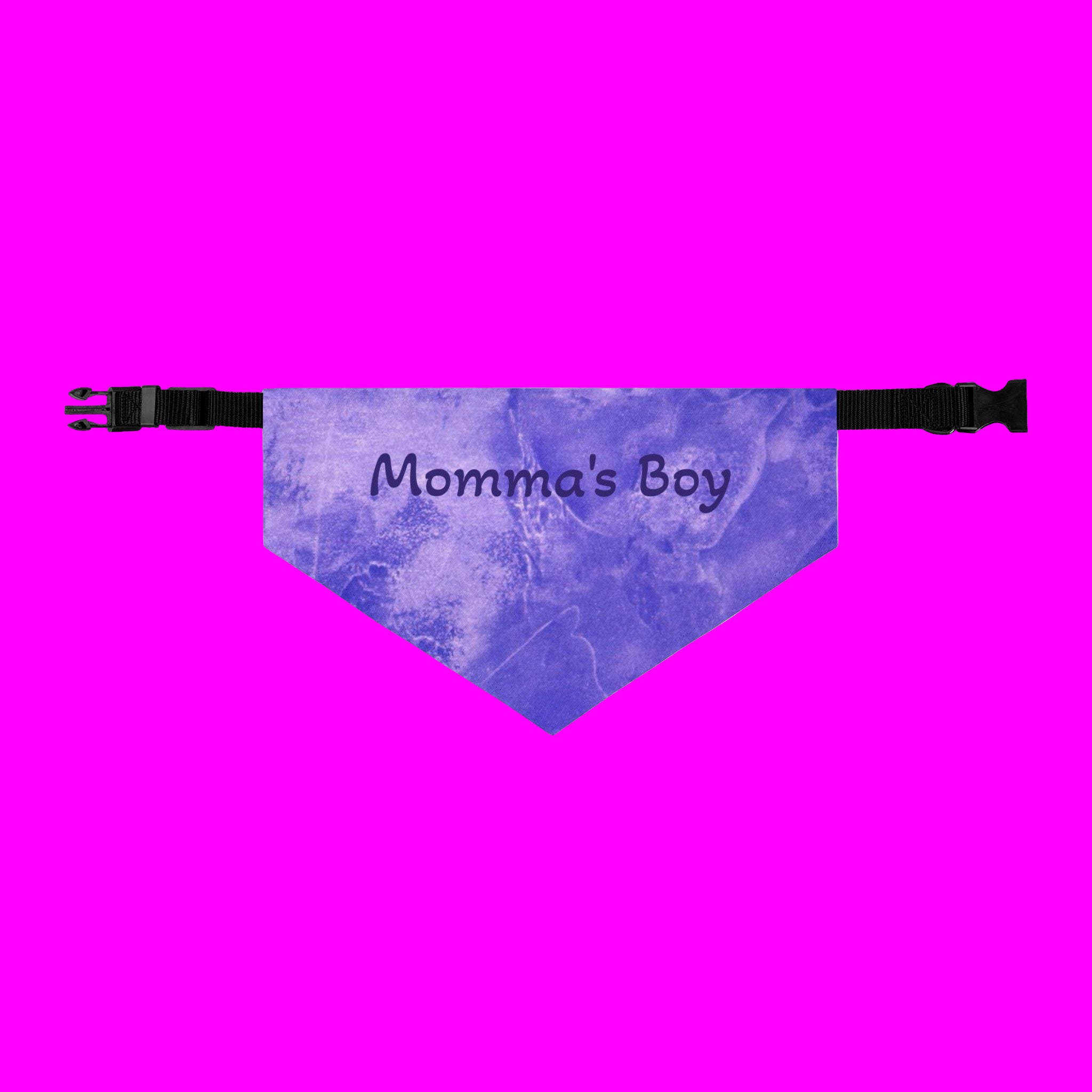 Purple bandana with 'Momma's Boy' text on a pink background