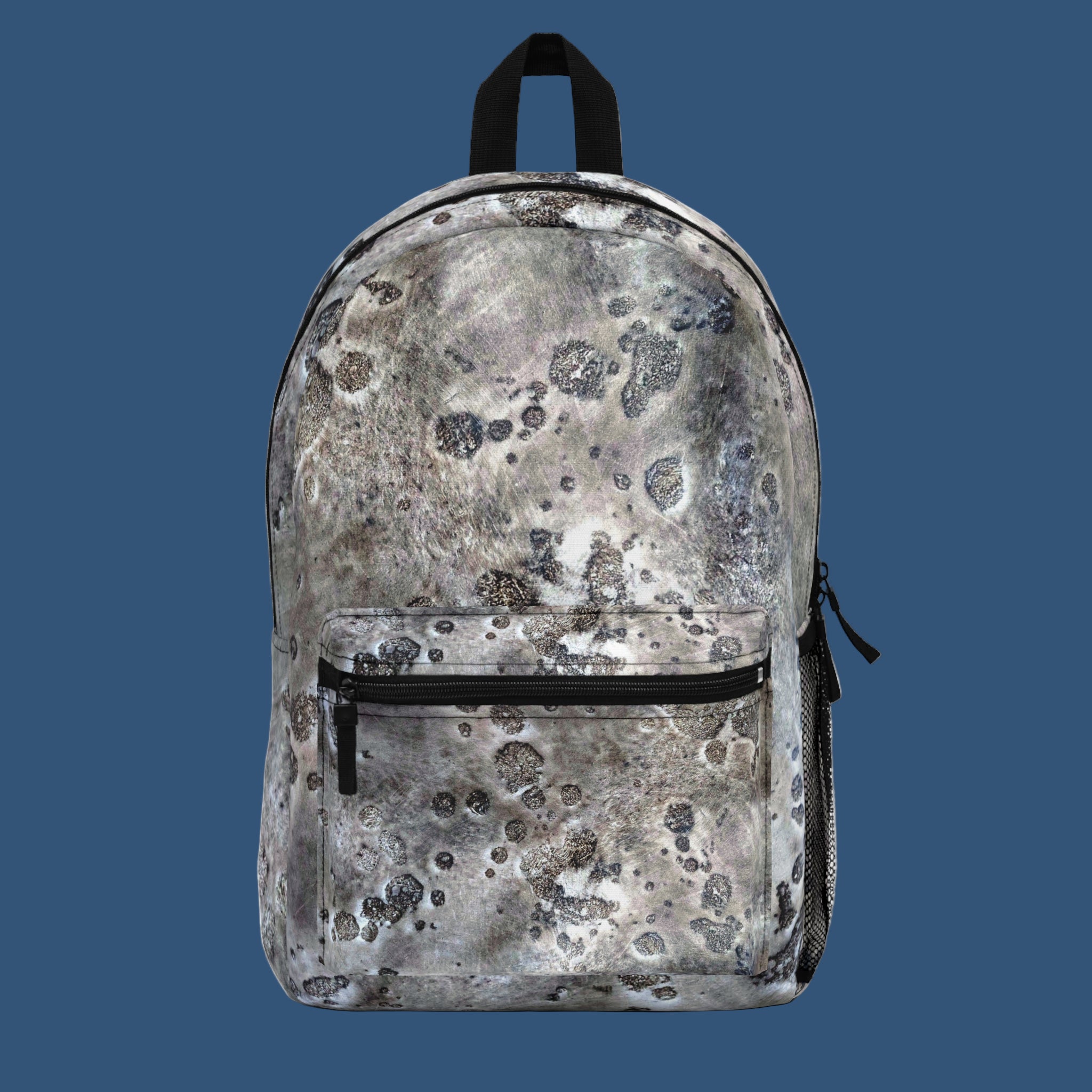 Backpack with a gray and black abstract  pattern on a white background