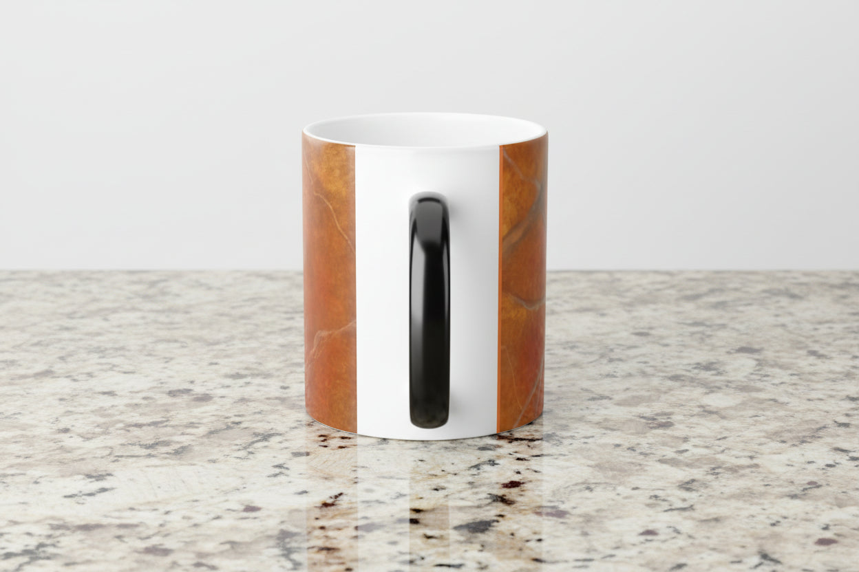 Mug with red orange marble sides and a black handle on a white background