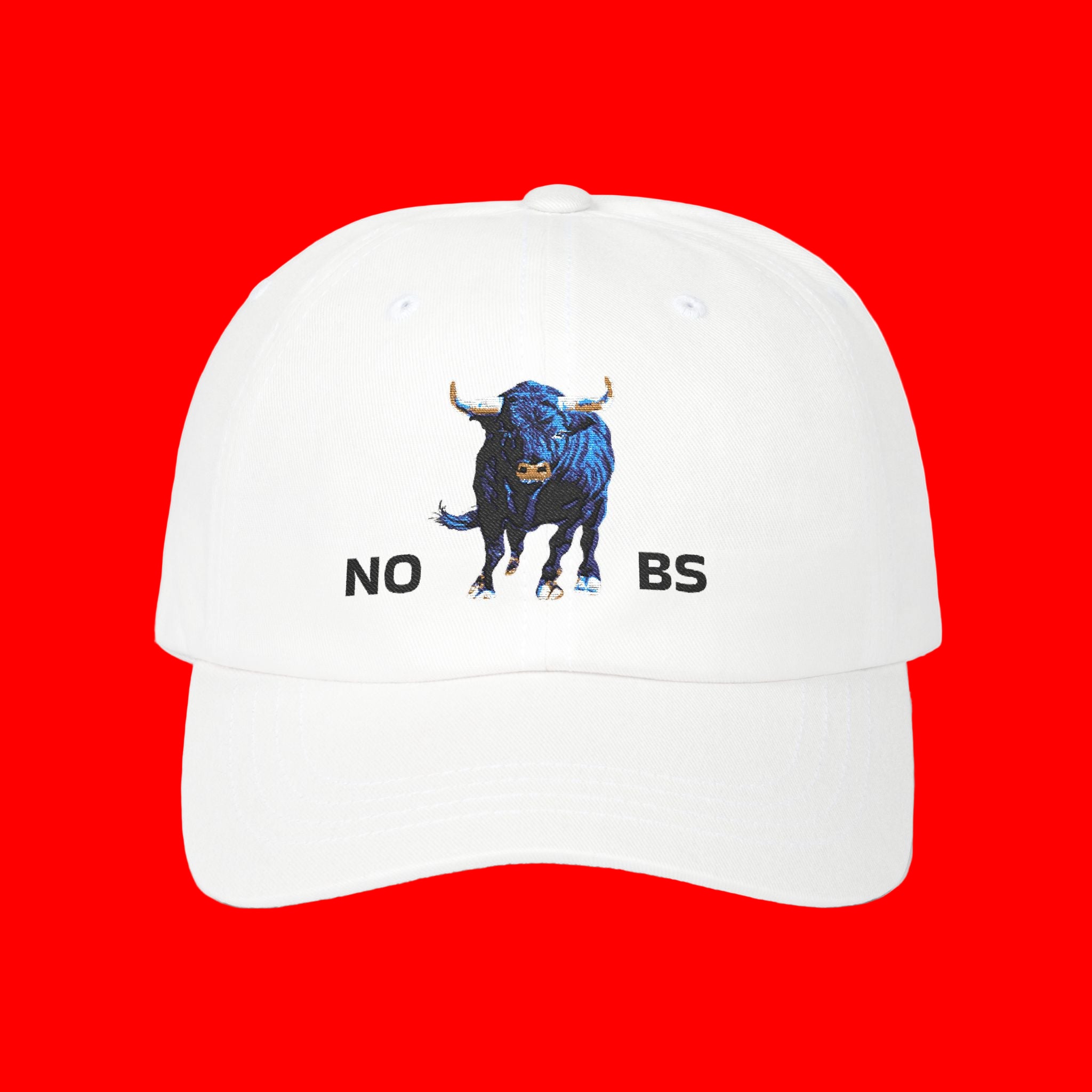 White cap with blue bull graphic and 'NO BS' text on a white background