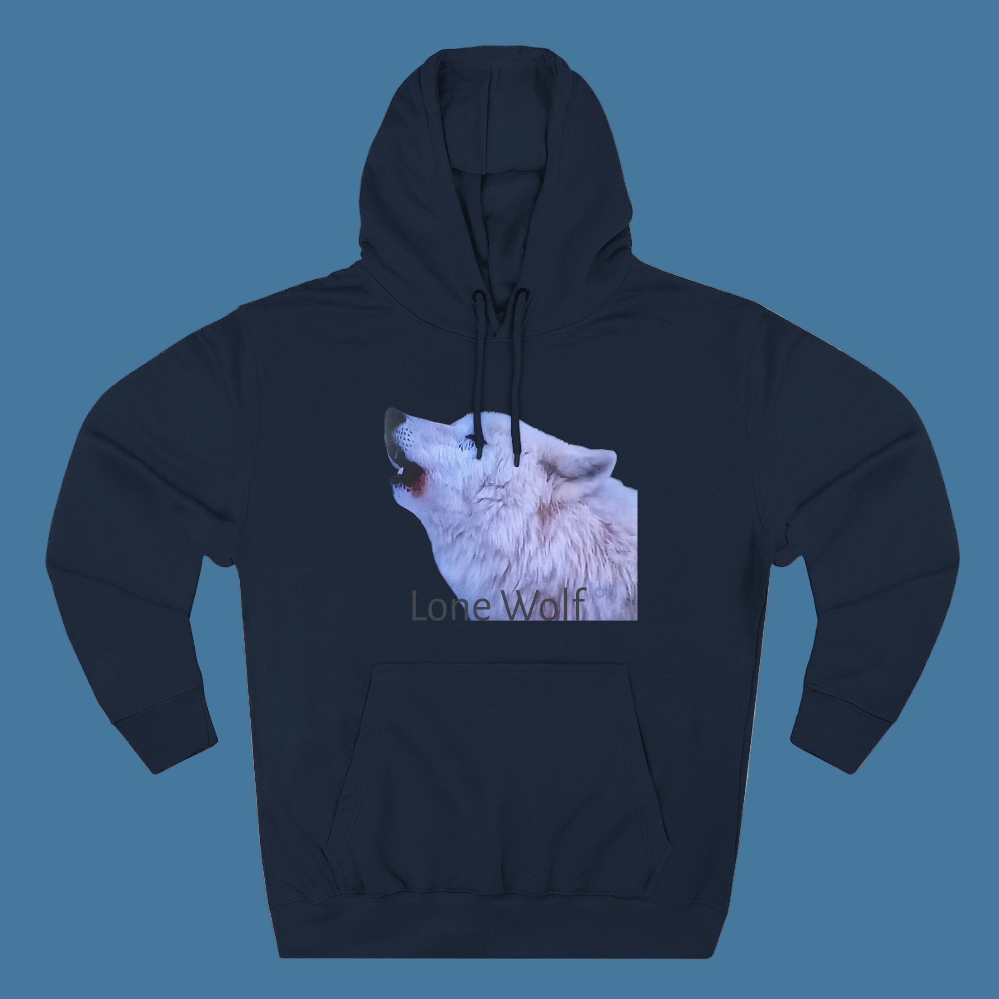 Navy blue hoodie with a wolf graphic and 'Lone Wolf' text on a blue background