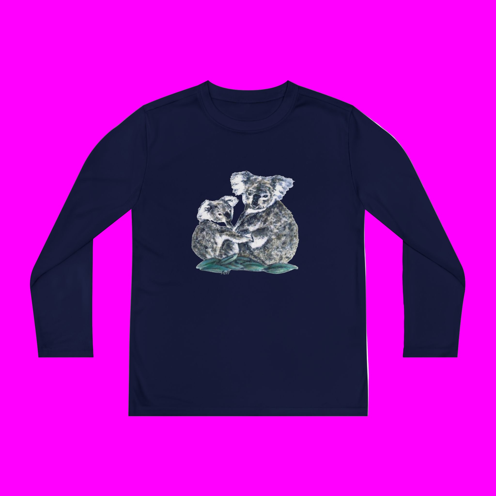 Navy blue long-sleeve shirt with a graphic of two koalas on a pink background