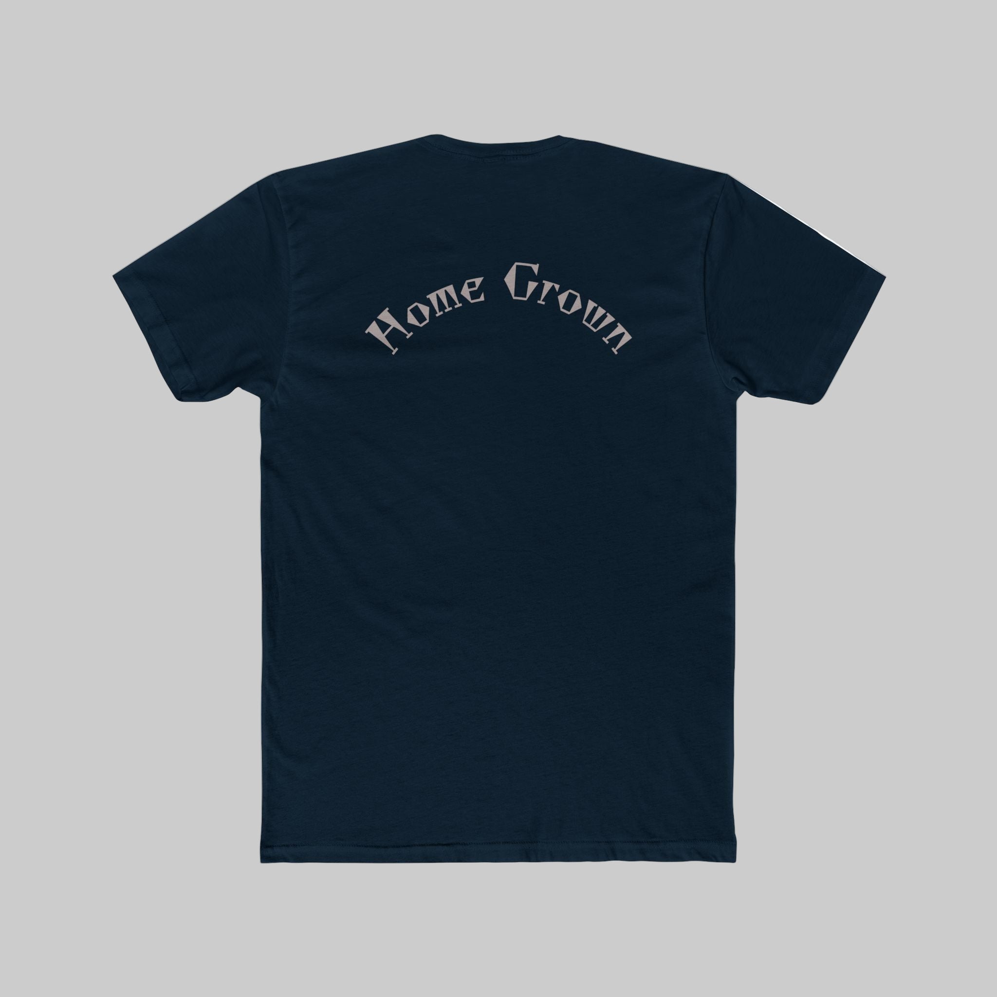 Navy blue t-shirt with 'Home Grown' text on the back against a light background
