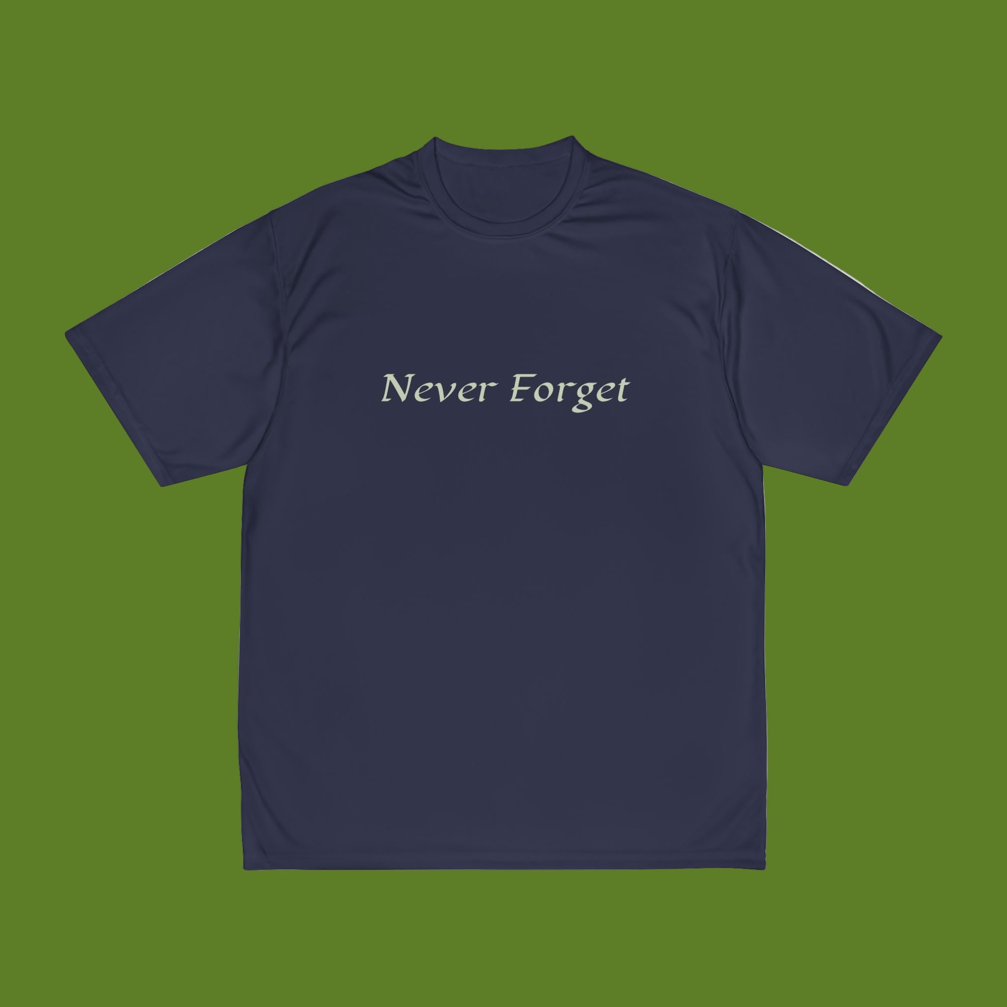 Navy blue t-shirt with 'Never Forget' text on a green background