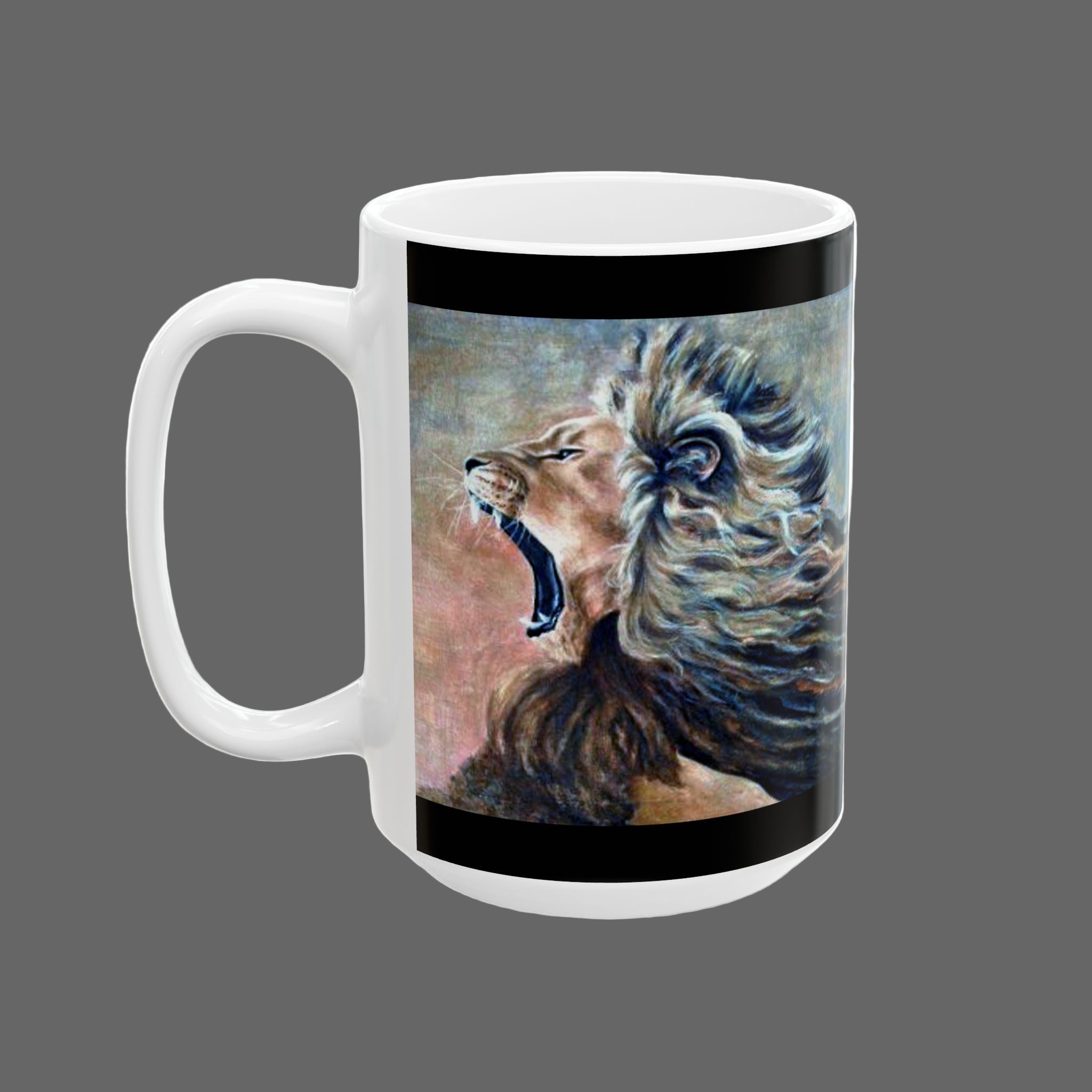 Mug with a lion design on a dark gray background