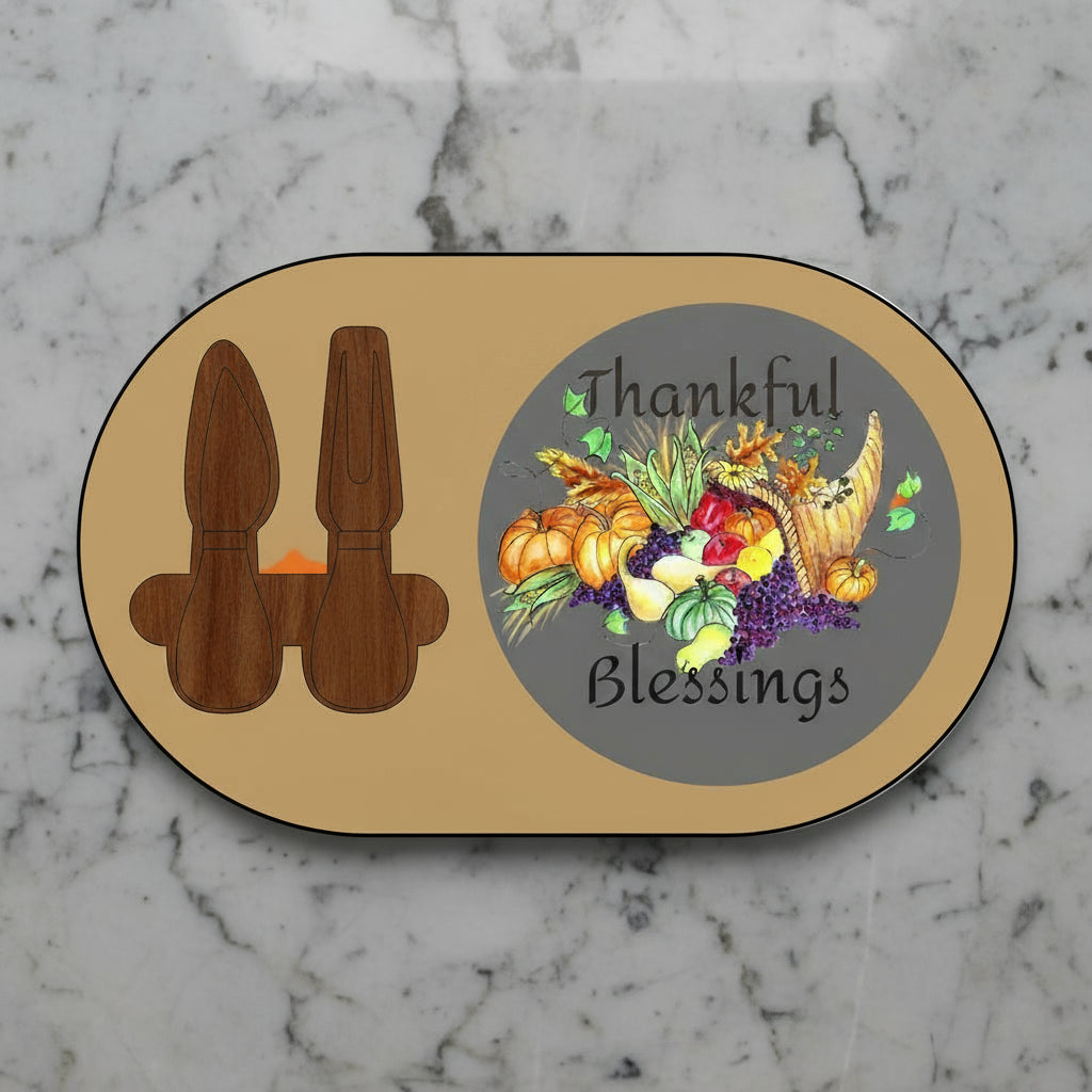 Oval placemat with cutout for utensils and 'Thankful Blessings' design on a white background