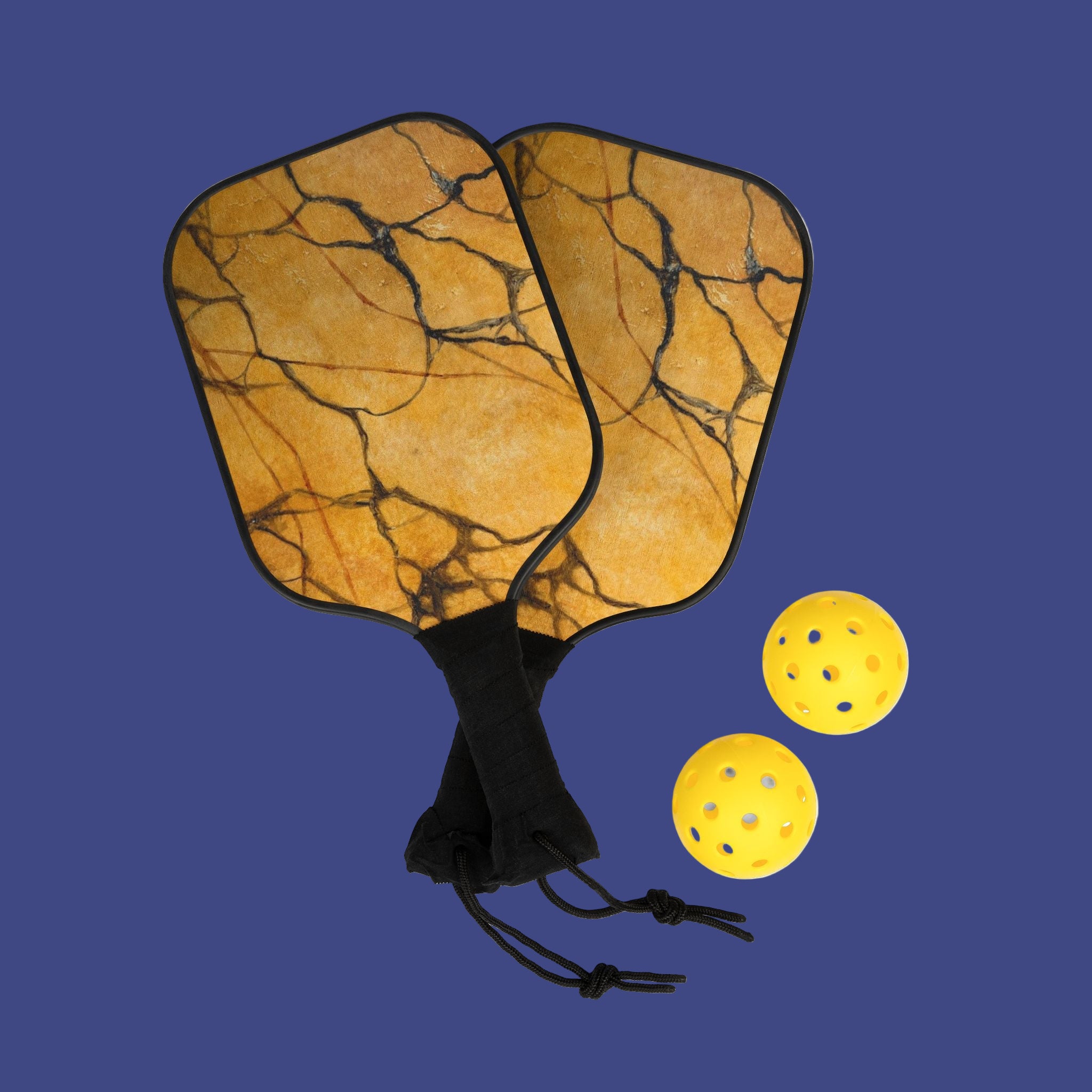 Two marbled pickleball paddles with three yellow balls on a blue background