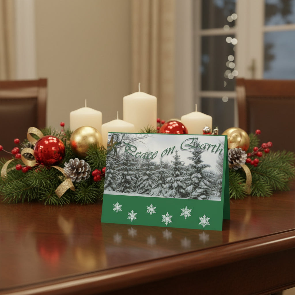 Christmas card with snowy trees and 'Peace on Earth' text