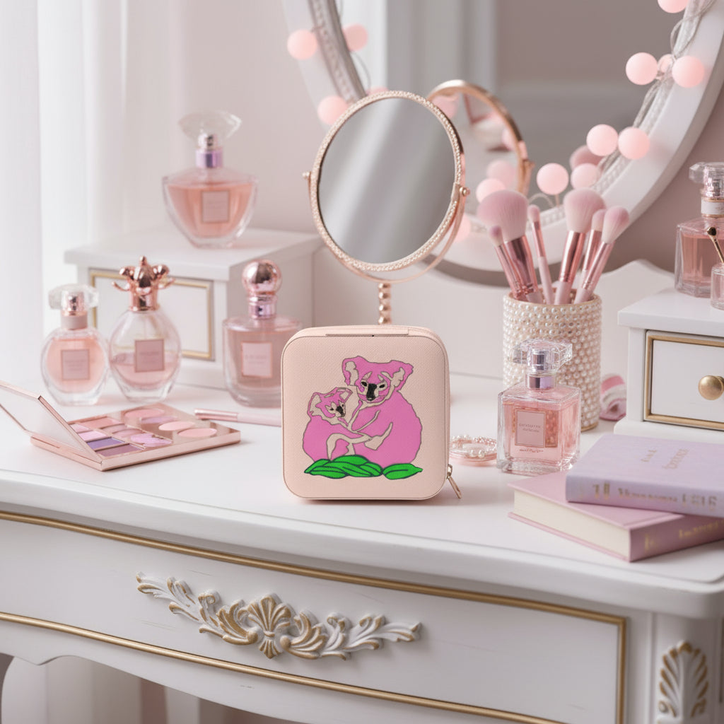 Pink case with koala design held by a hand on a green background