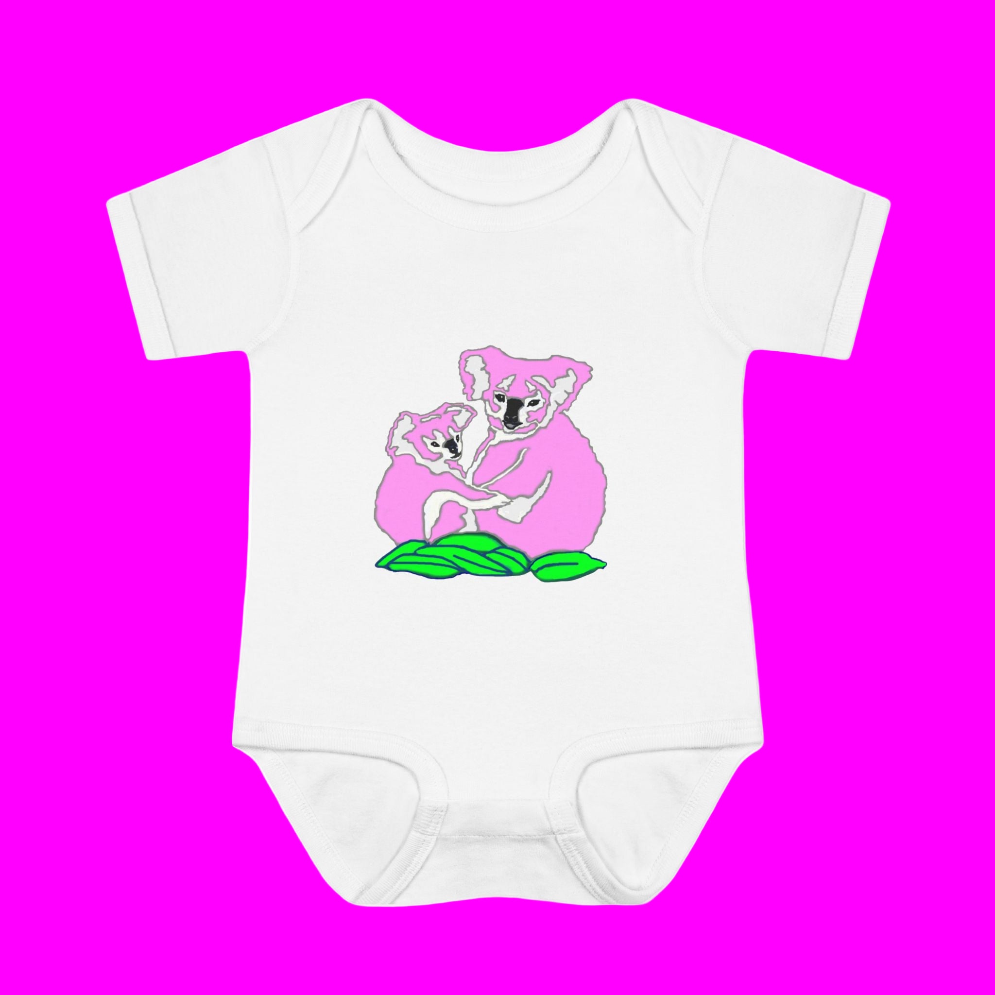 White baby onesie with pink koala design on a white background