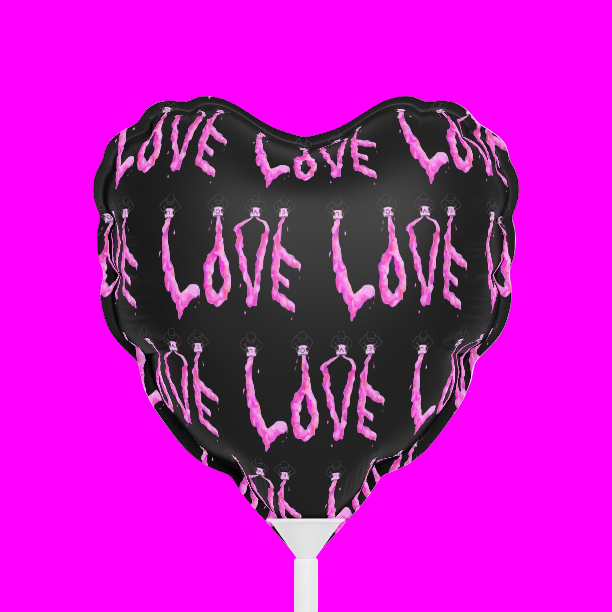 Heart-shaped balloon with 'LOVE' text in pink on a black background