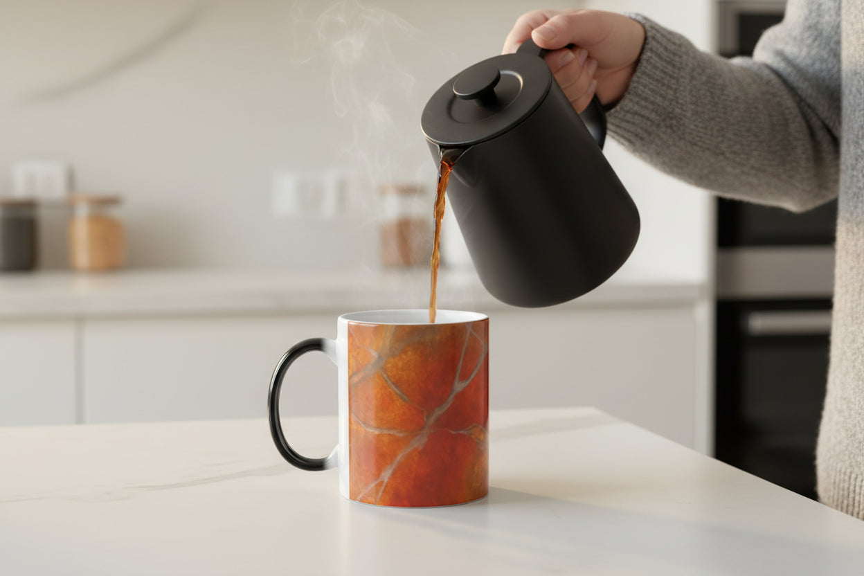Mug with red orange marbled design having coffee poured into it
