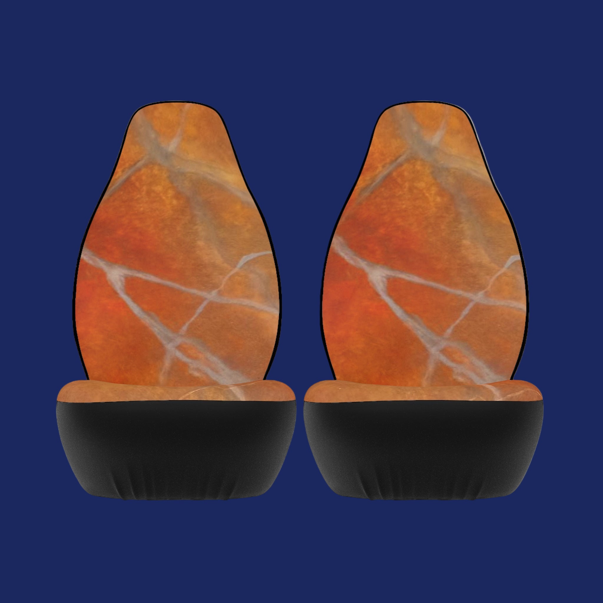 Pair of orange marble-patterned car seat covers on a blue background