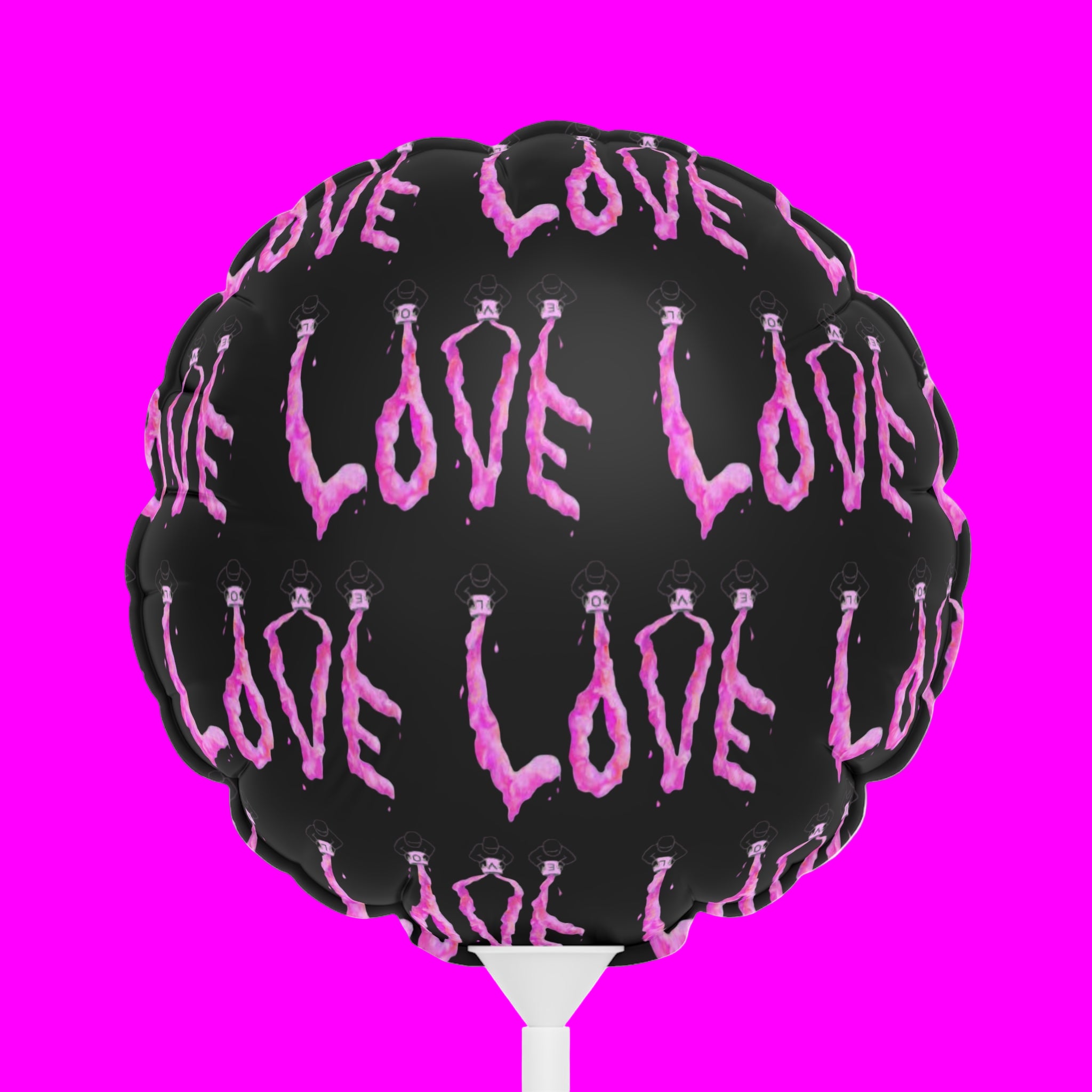 Black balloon with pink 'LOVE' text on a pink background
