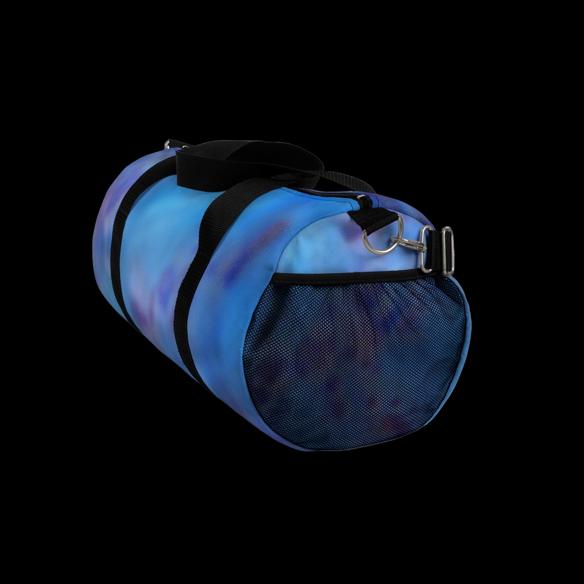 Blue duffel bag with black straps on a white background