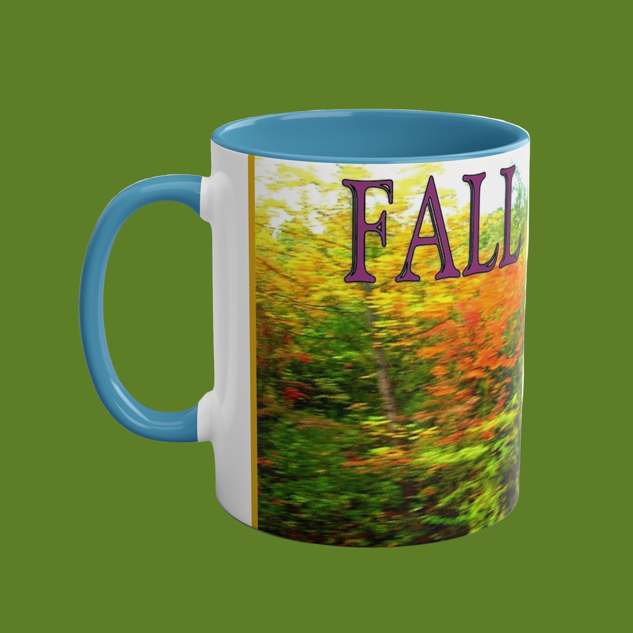 Mug with a colorful autumn scene and the word 'FALL' on a green background
