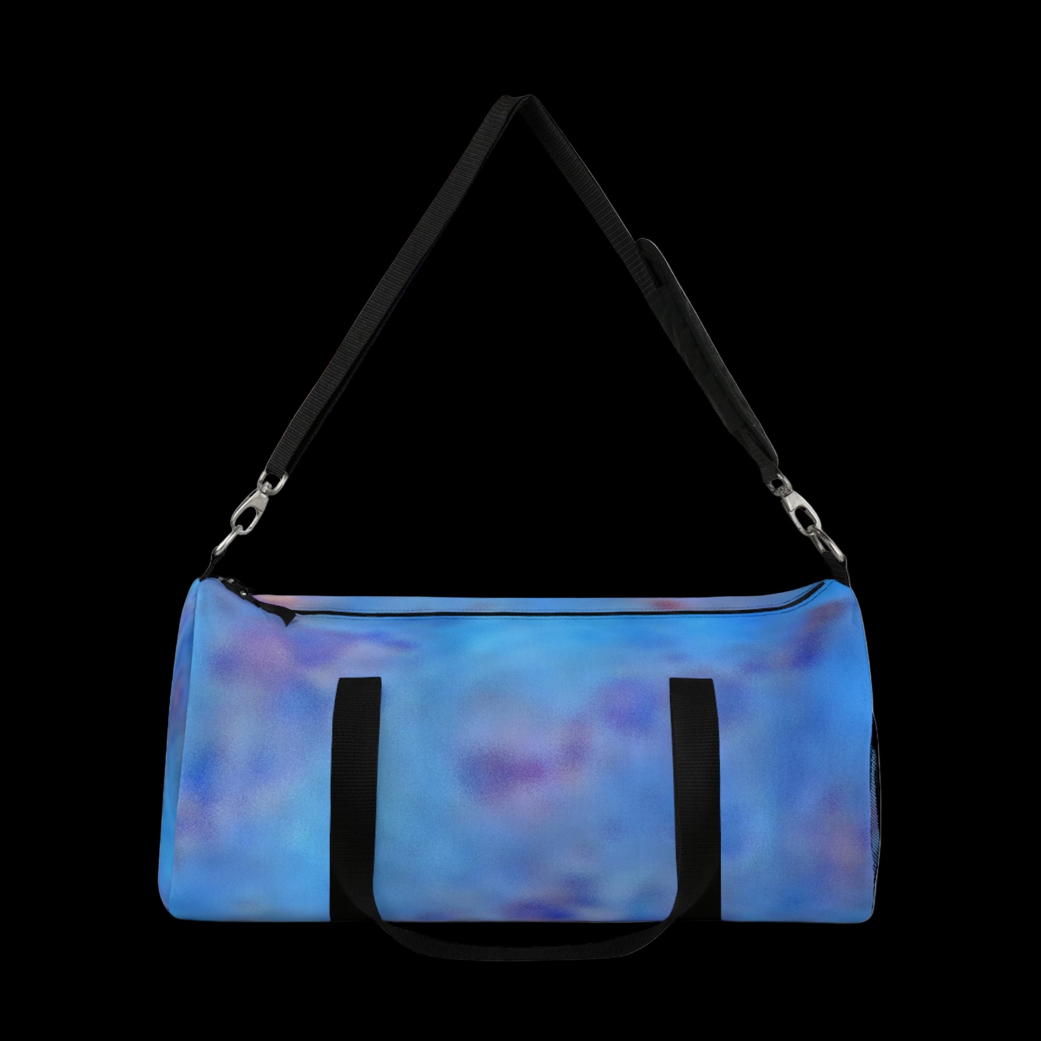 Blue and purple tie-dye duffel bag with black straps on a white background