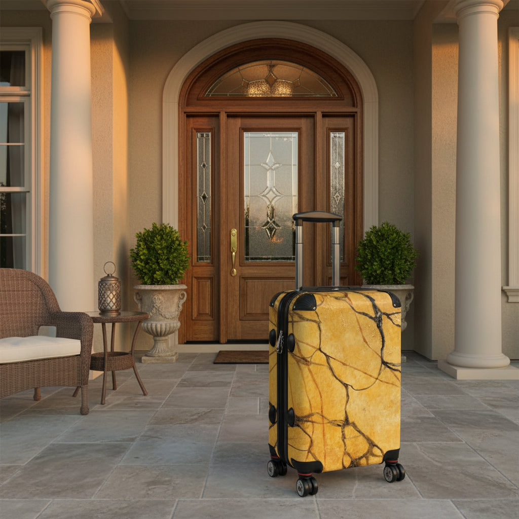 Marble-patterned suitcase with a front home entrance background