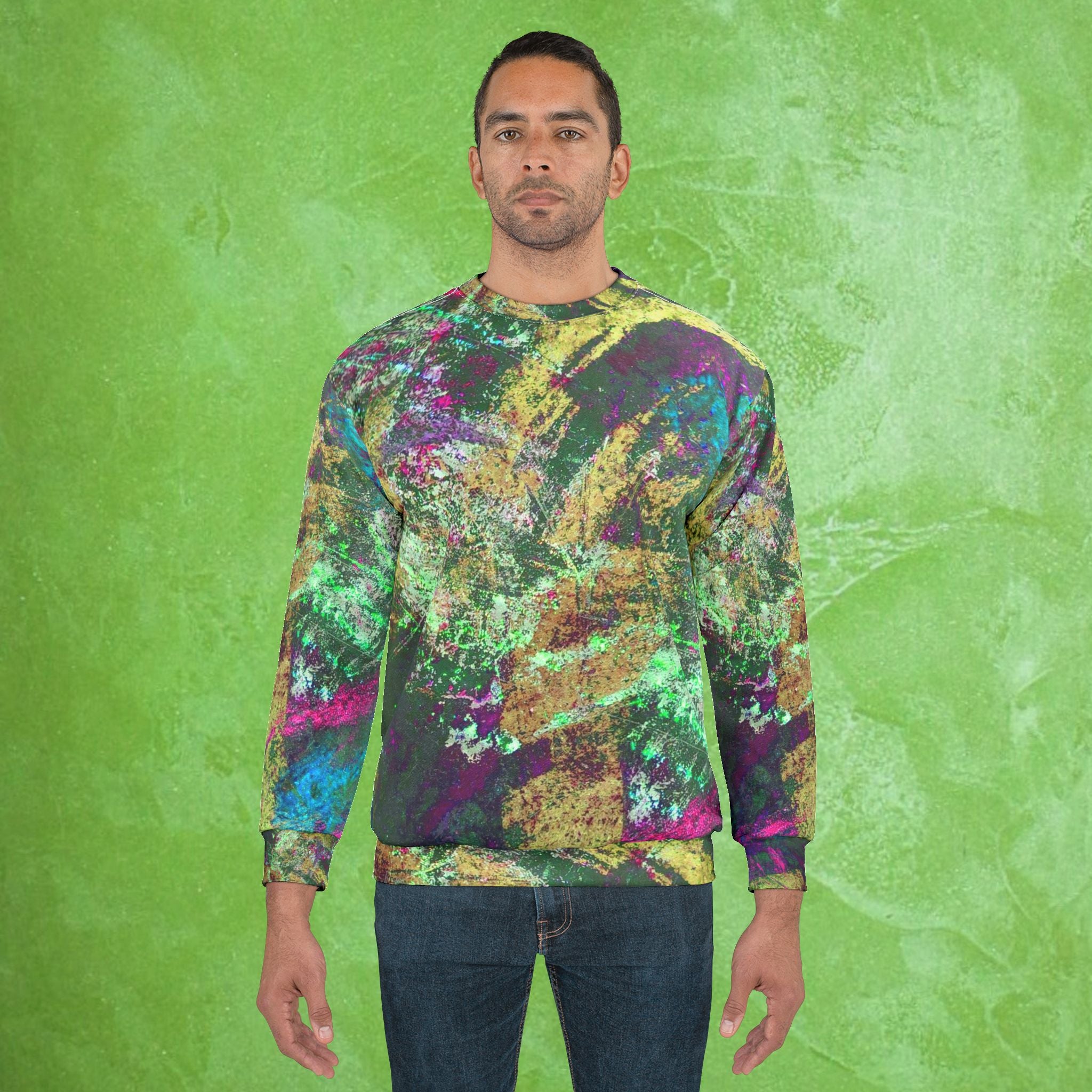 Person wearing a colorful Abstract painted -patterned shirt on a green background