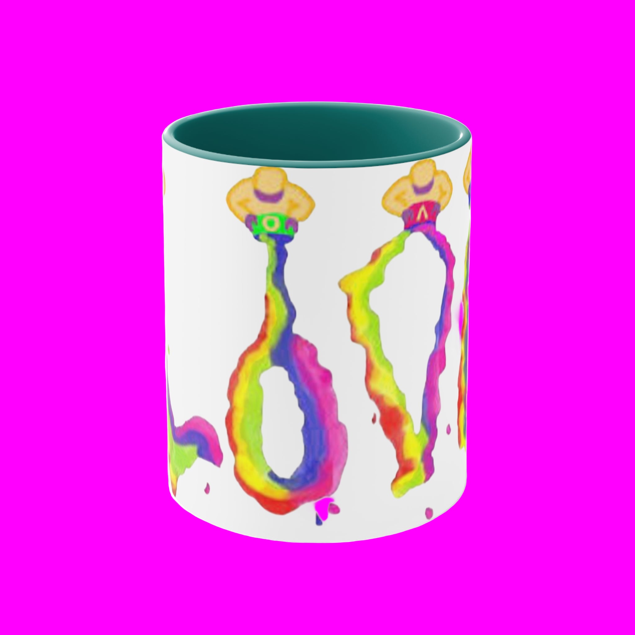 Mug with colorful abstract design on a pink background
