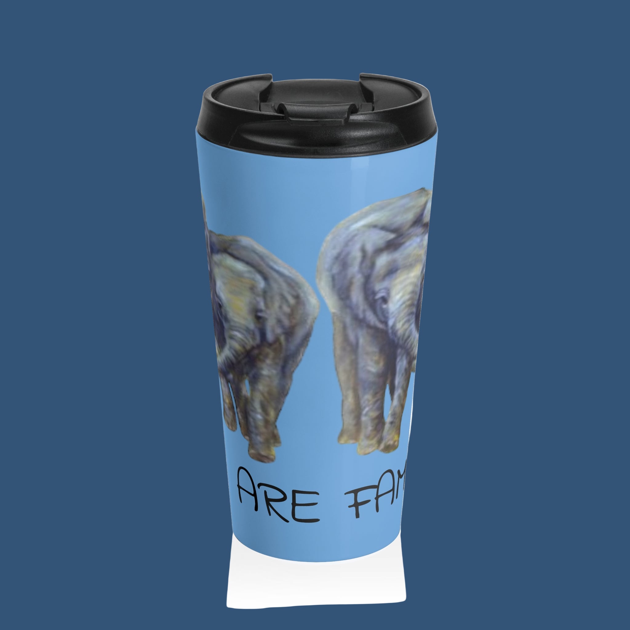 Travel mug with elephant design and We are Family text on a blue background