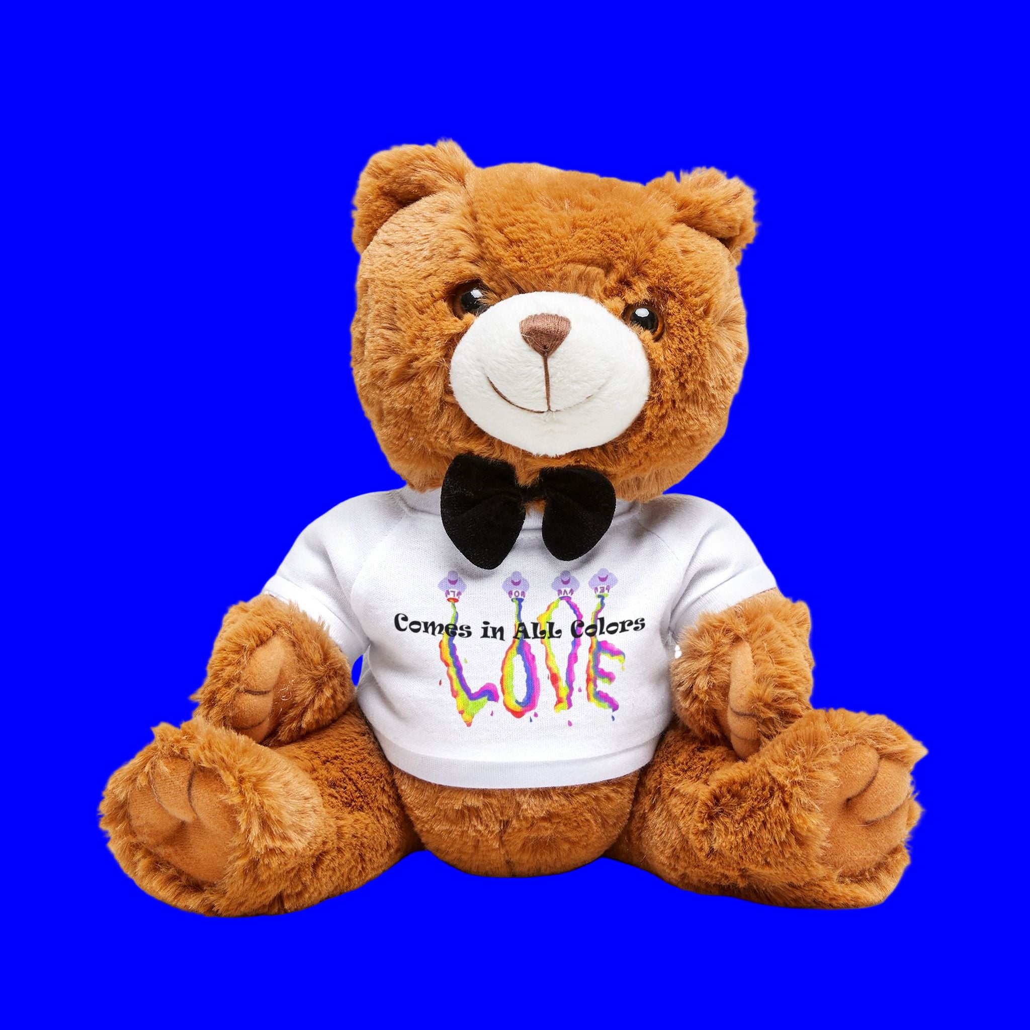 Brown teddy bear wearing a white shirt with colorful text and a black bow tie on a white background
